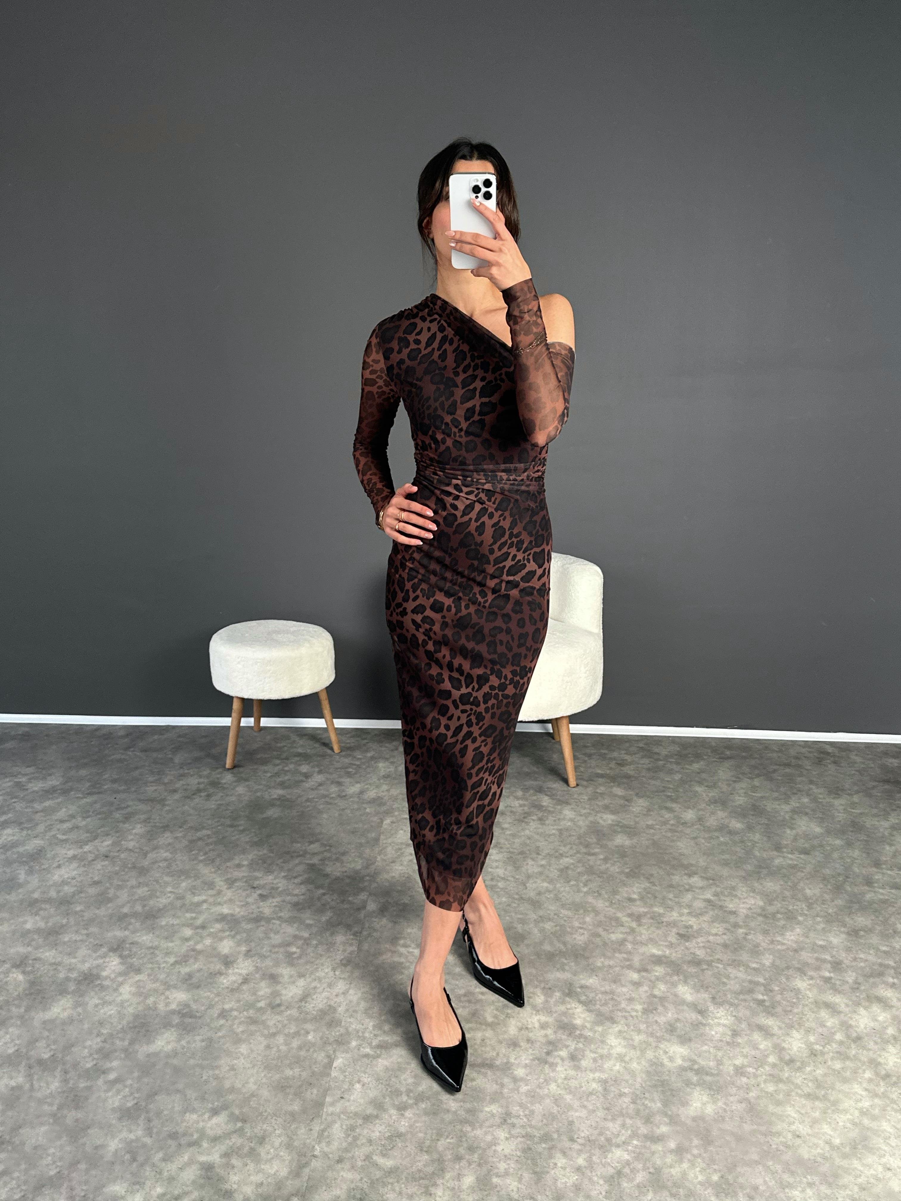 Tek Omuz Tül Leoparlı Astarlı Elbise GausELBİSEGU002642