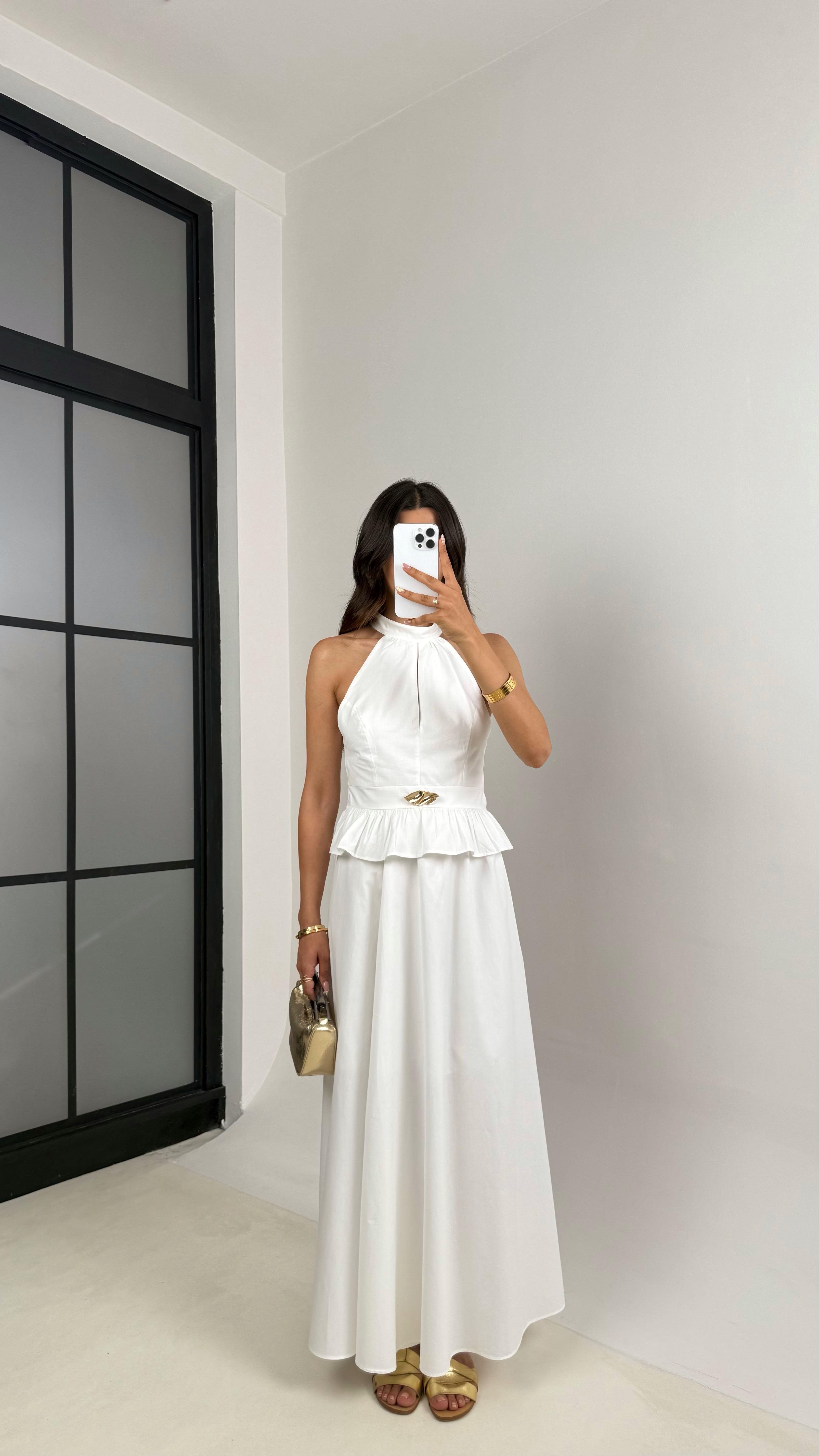 Beyaz Gold Toka Detaylı Bluz Beli Lastikli Etek İkili Takım Gaus00678GausTAKIMGU1002562