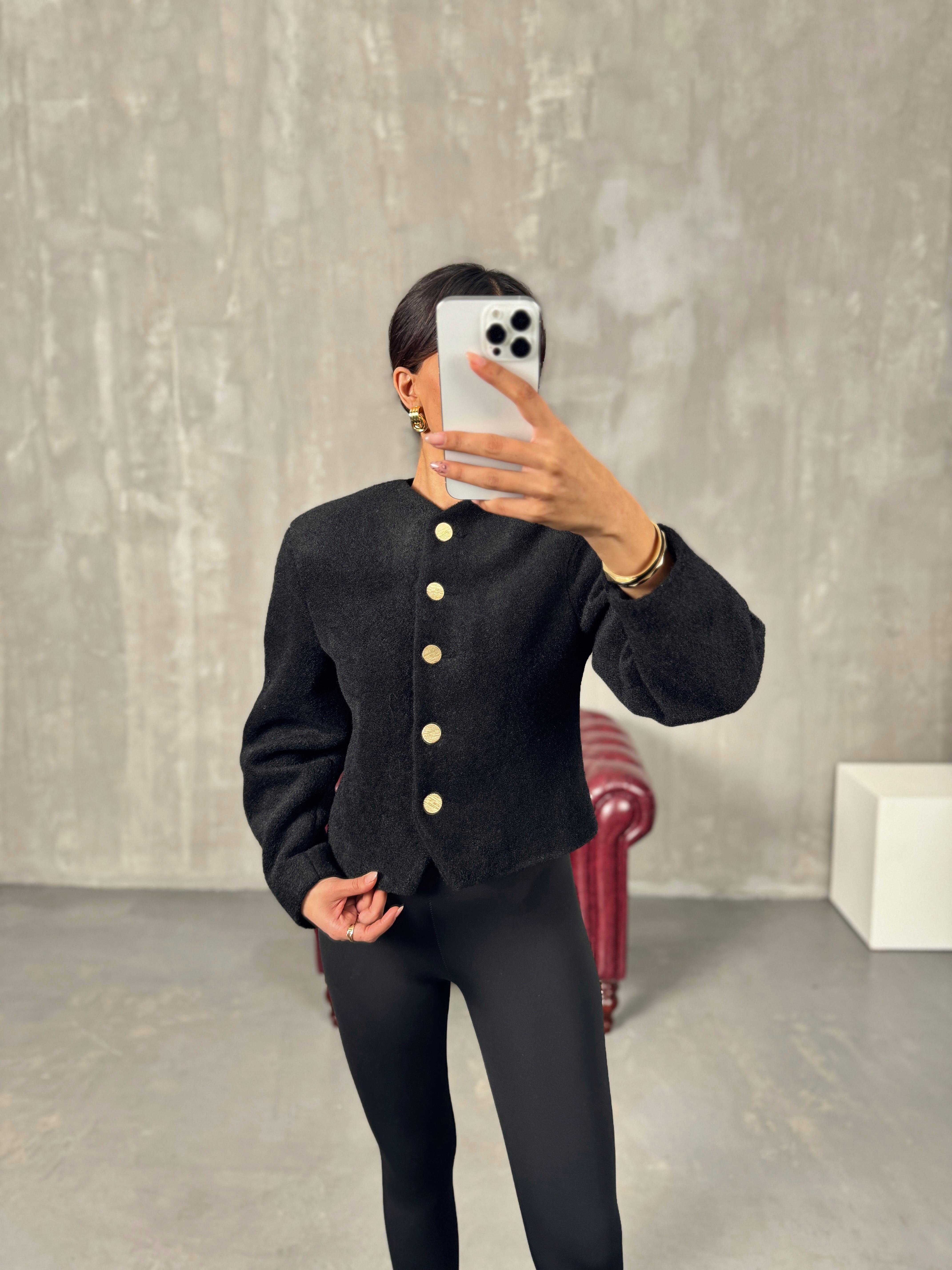 Venice Siyah Düğmeli Kaşe Ceket