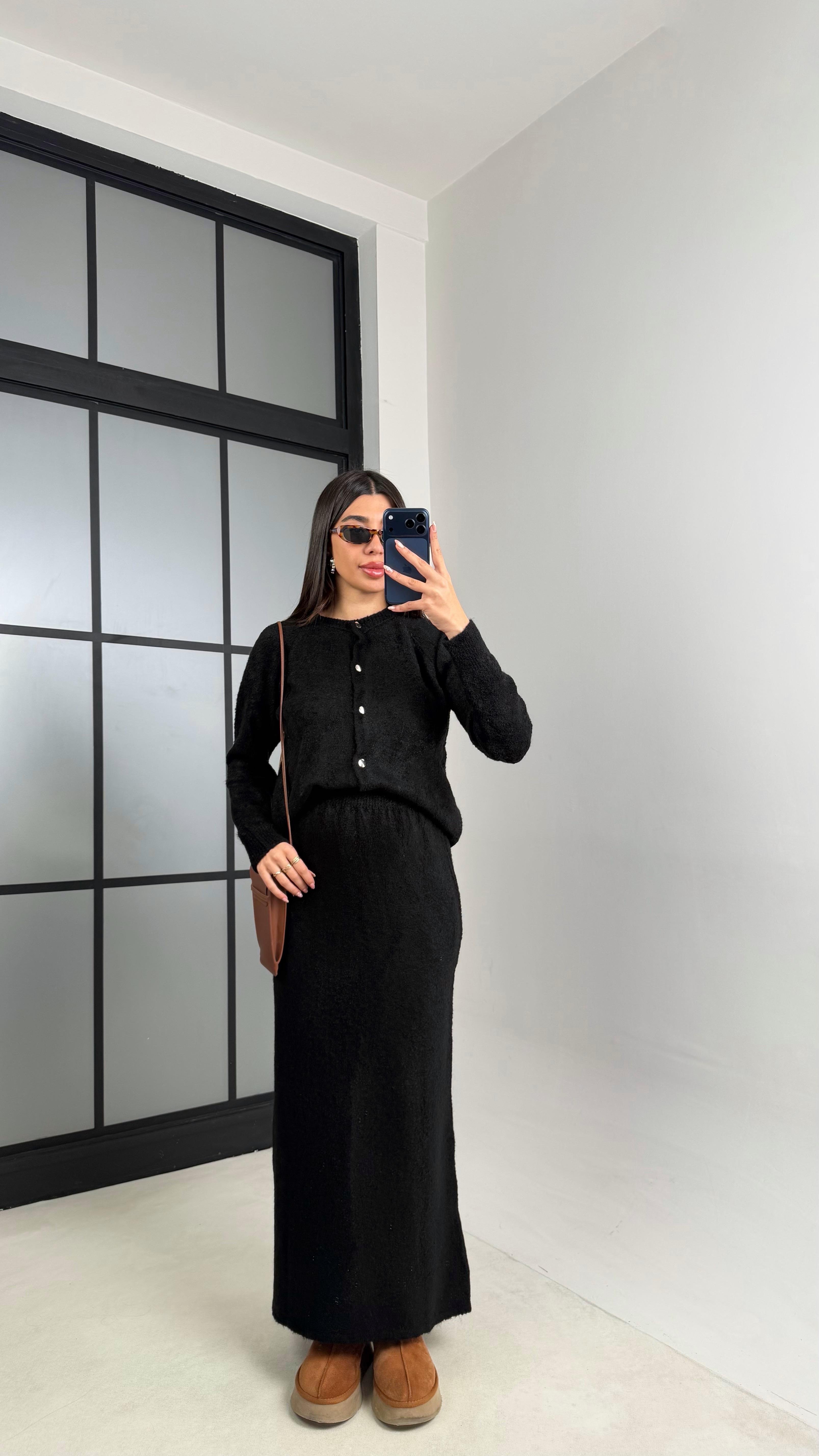 Siyah Hırka Beli Lastikli Etek Triko takım GAUS-00853GAUSTAKIMGAUS-00853