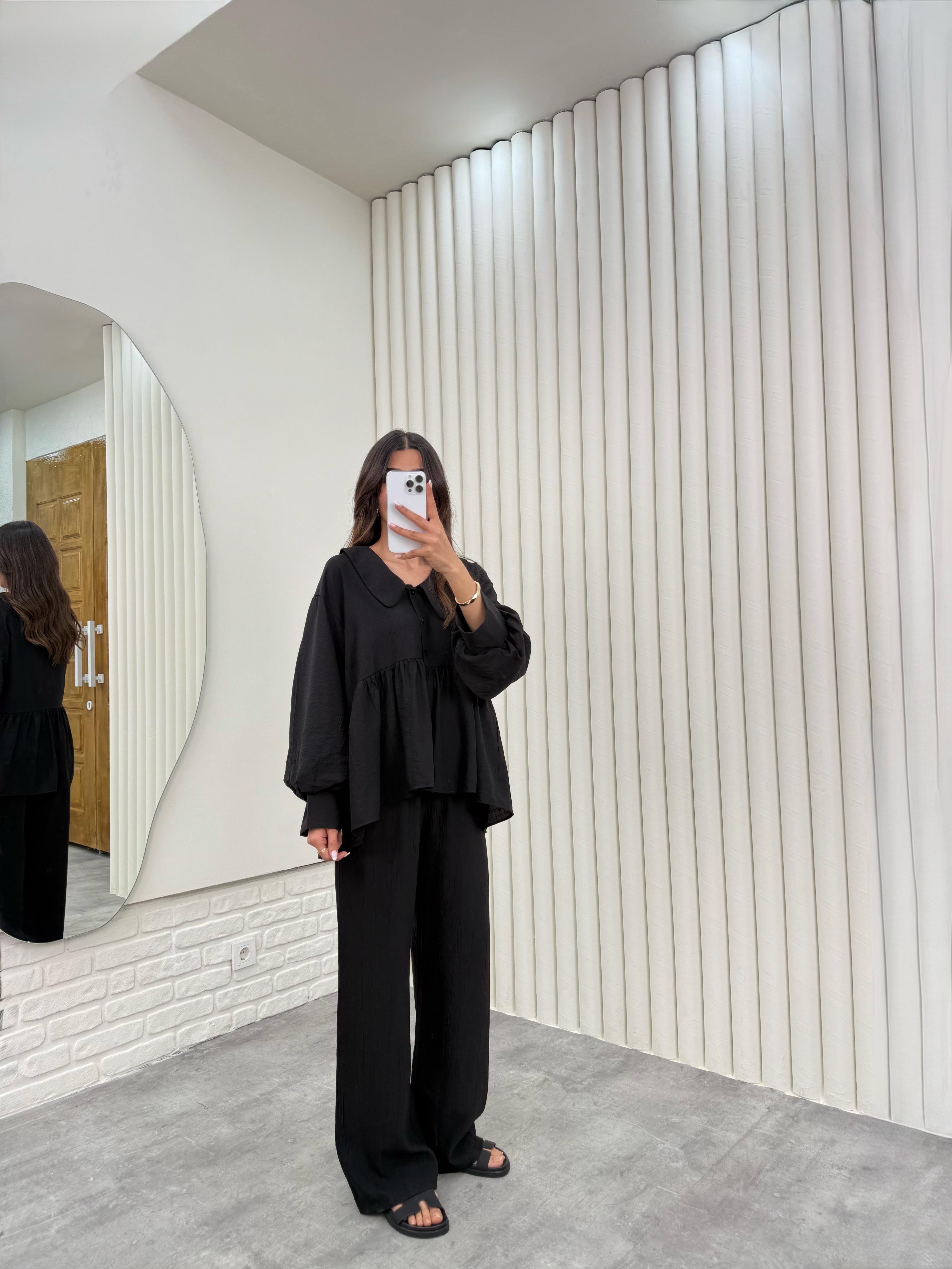 Siyah Bağlamalı Bebe Yaka Üst Beli Lastikli Cepli Pantolon İthal Kumaş Takım Gaus00292GausTAKIMGU1001676