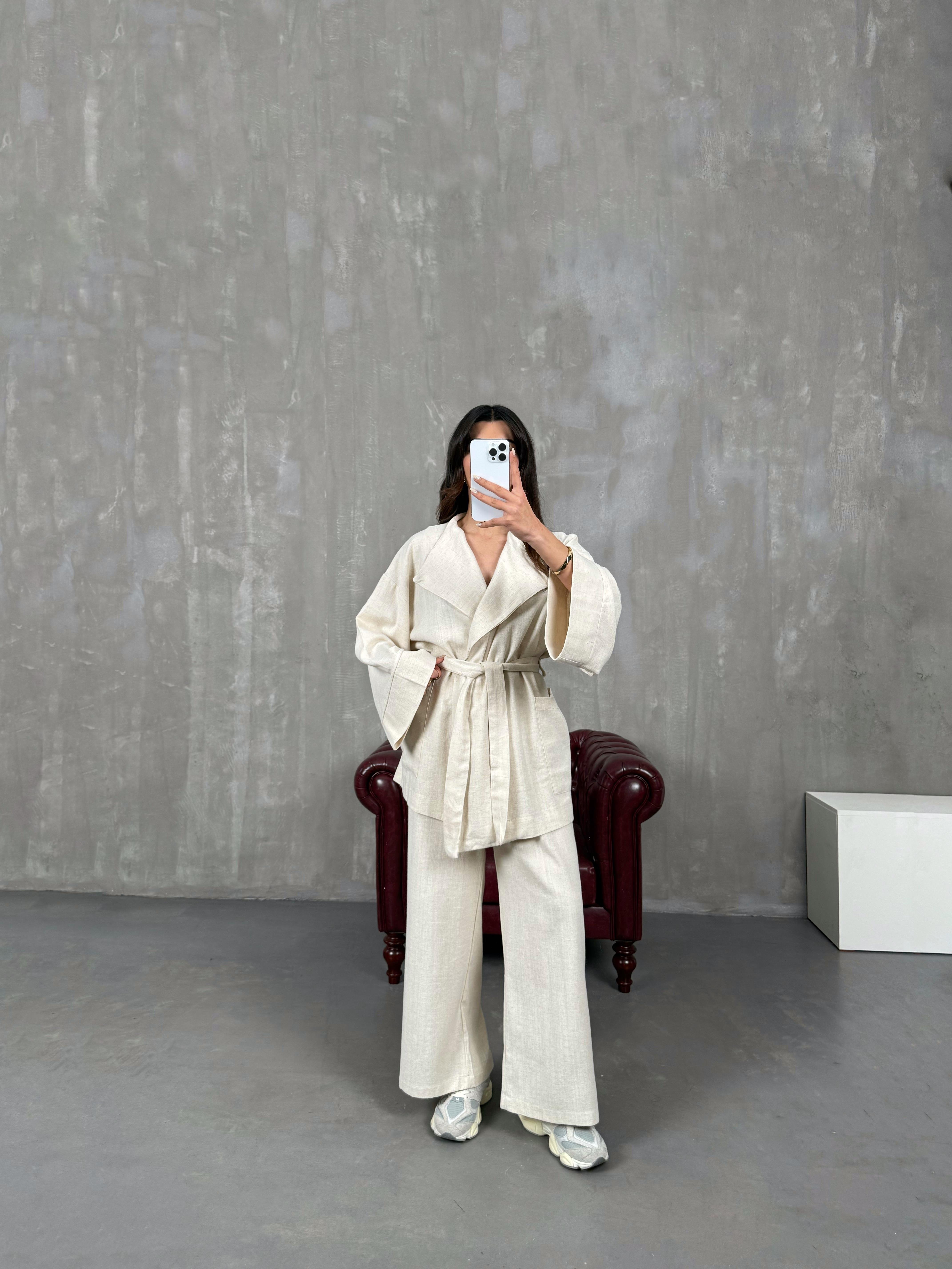 سانسا طقم كيمونو كتان لون حجري مع زنّار