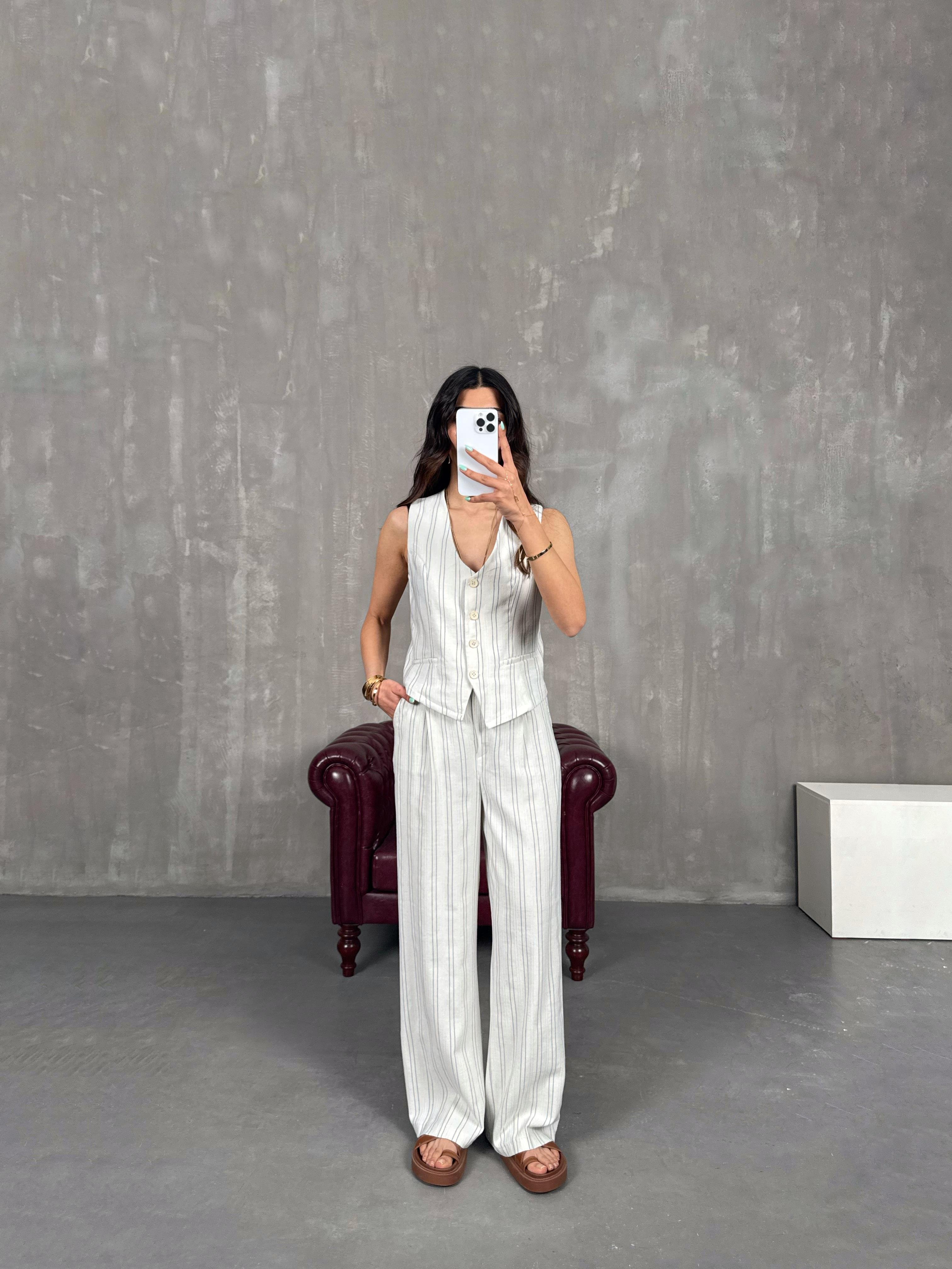 Taş Mavi Çizgili Yelekli Keten Takım Gaus00231GausTAKIMGU1001532