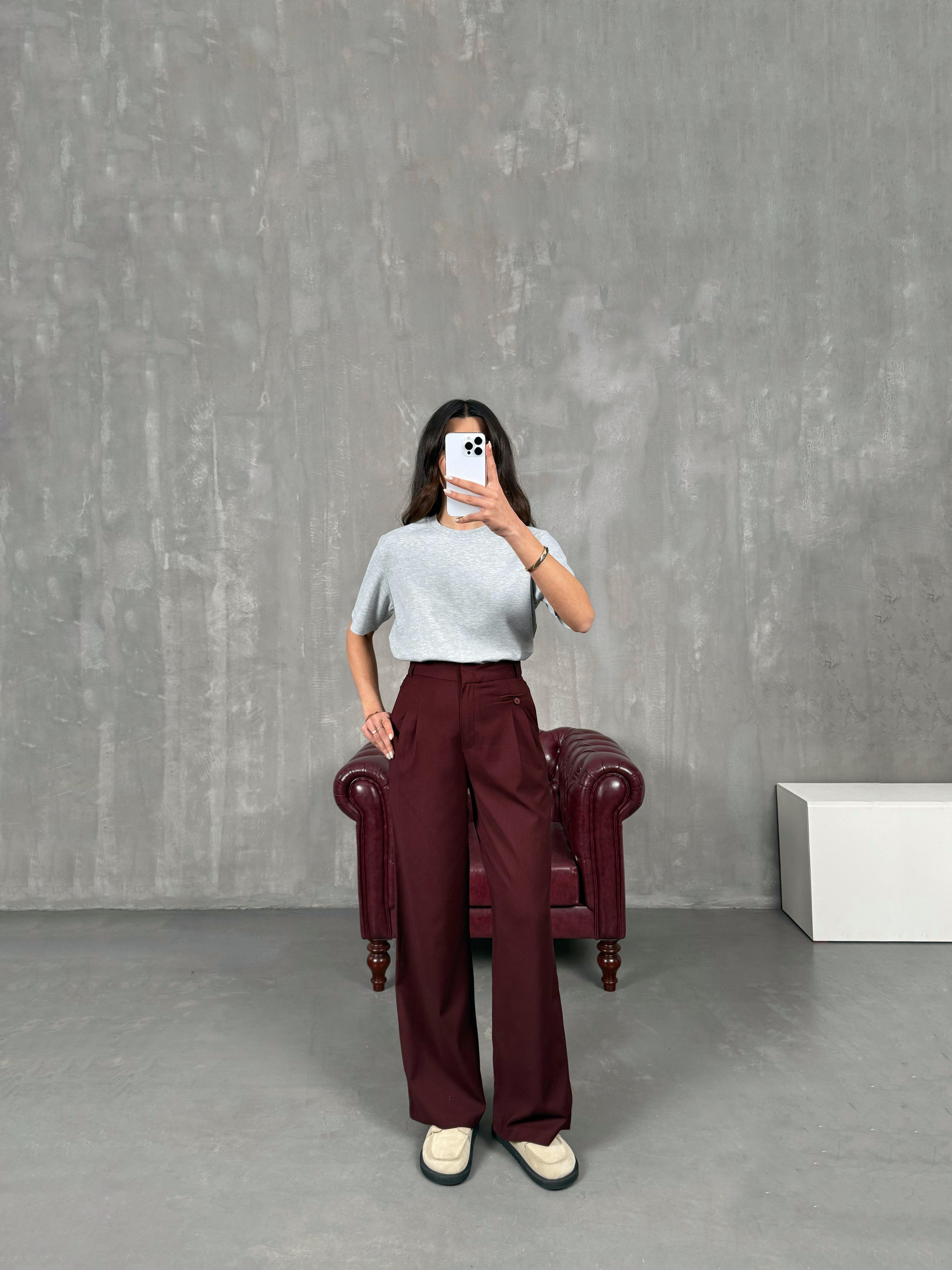 Rigal Bordo Ön Düğme Detaylı Kumaş Pantolon