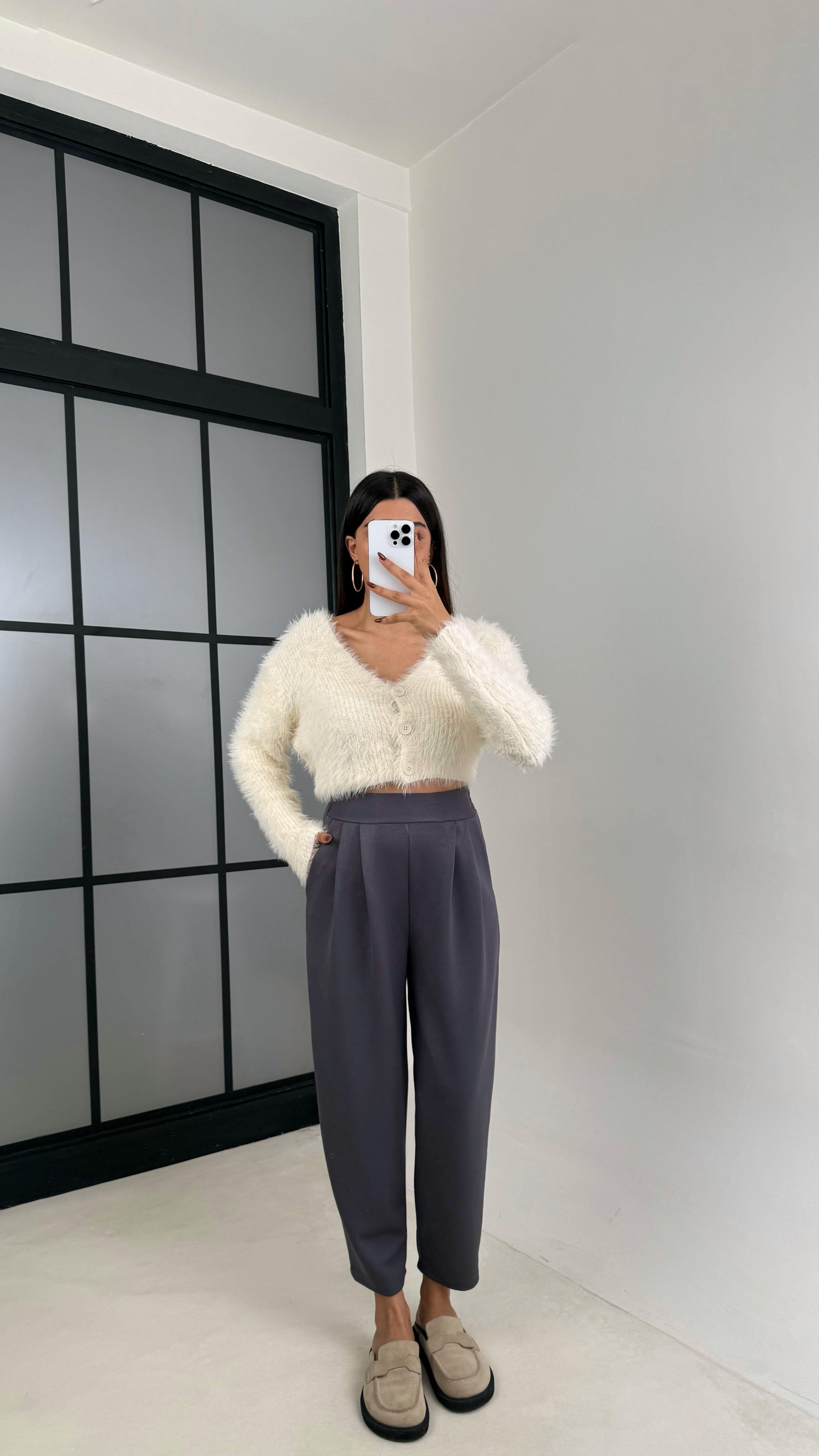 Antrasit Beli Lastikli Modal Kumaş Şalvar Pantolon GAUS-00210GAUSPANTOLONGAUS-00210