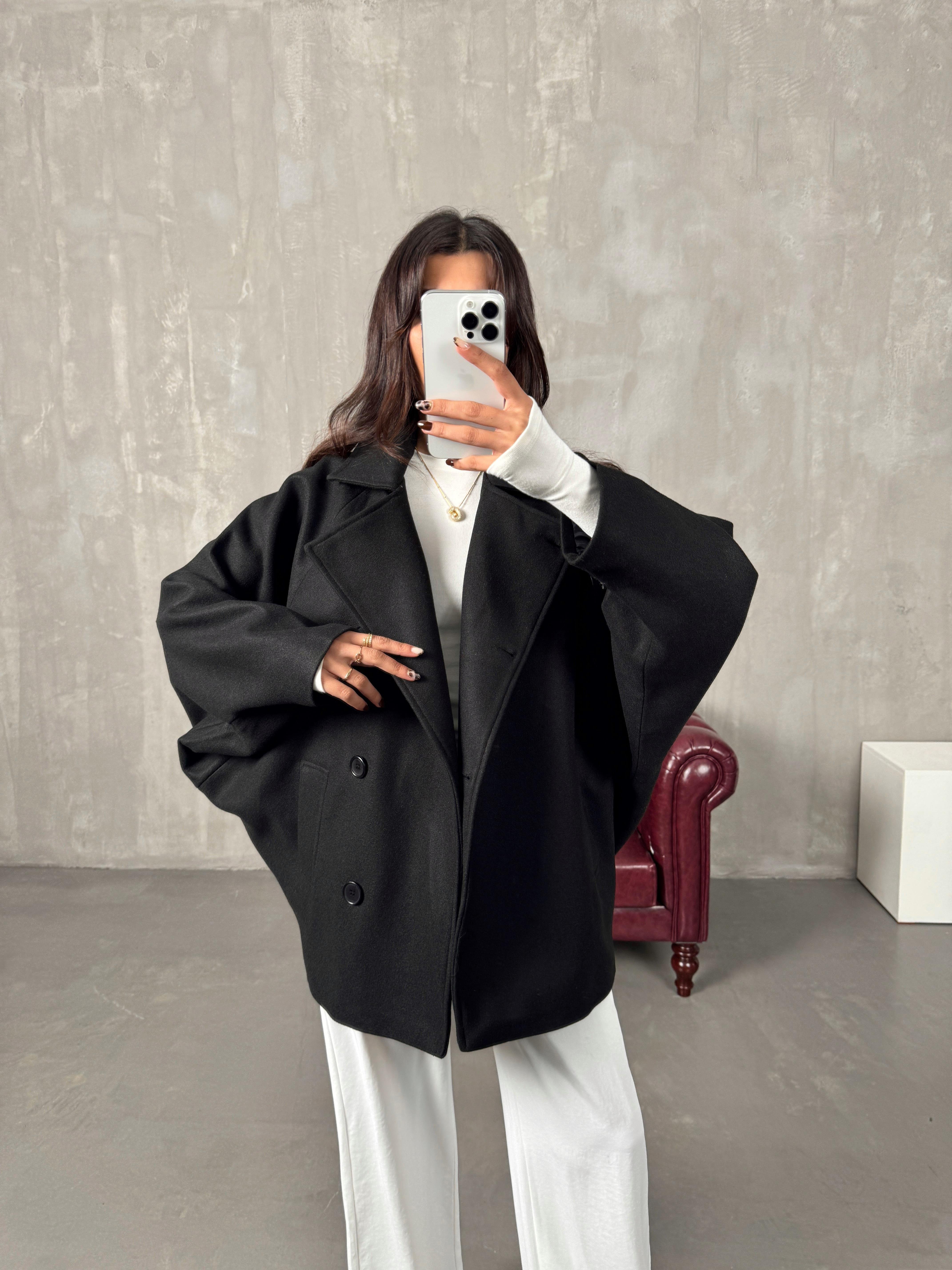 Cowe Siyah Yarasa Model Astarlı Kaşe Kaban