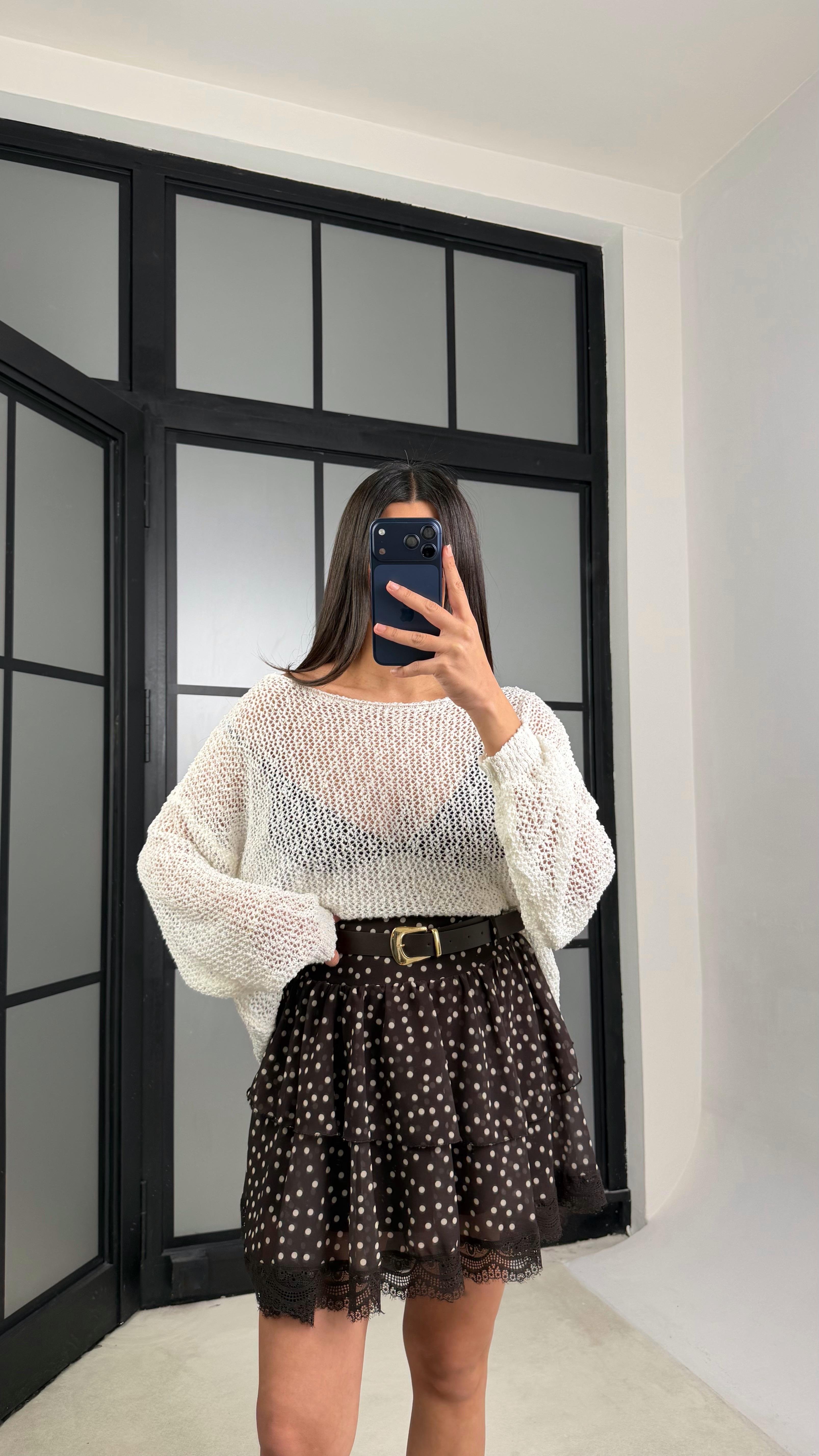 Acı Kahve Kemerli Katlı Puantiye Desenli Etek PNY07 GAUS-01322GAUSSkirtGAUS-01322