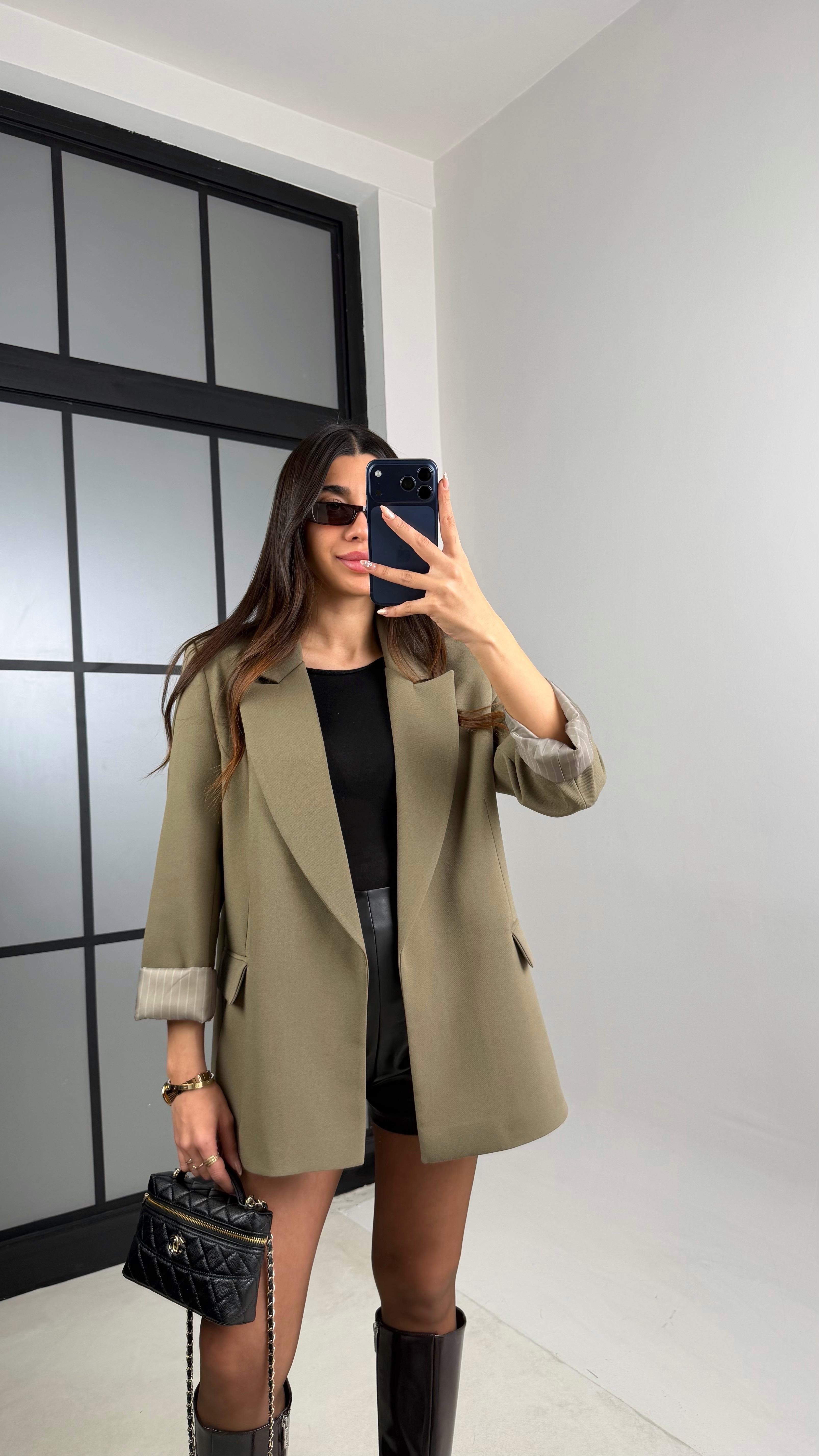 Haki Astarlı Vatkalı Cep Detaylı Blazer Ceket GAUS-00850GAUSCEKETGAUS-00850