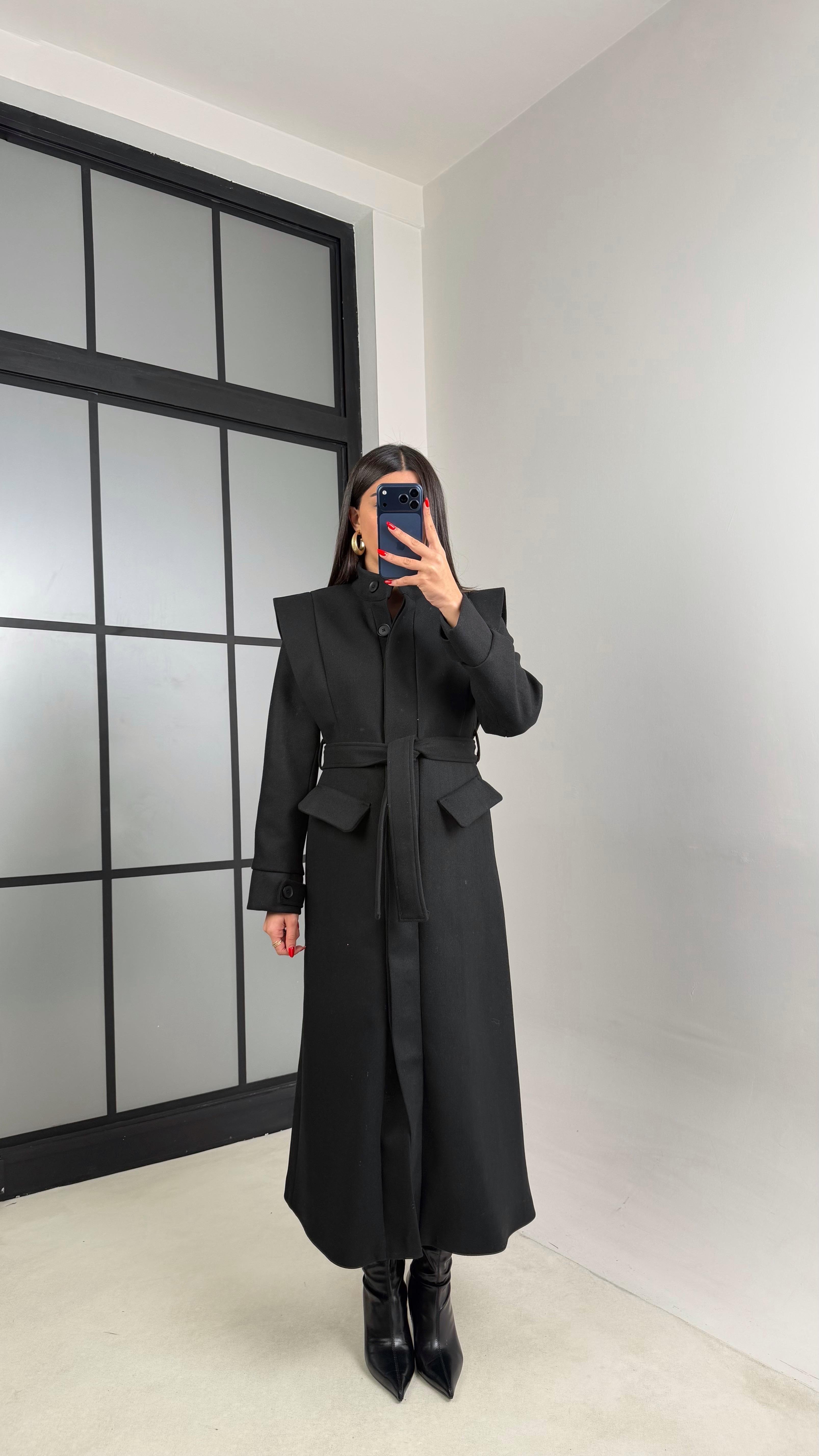 Siyah Astarlı Kuşaklı Cep Detaylı Premium Kaşe Kaban GAUS-00963GAUSKABANGAUS-00963