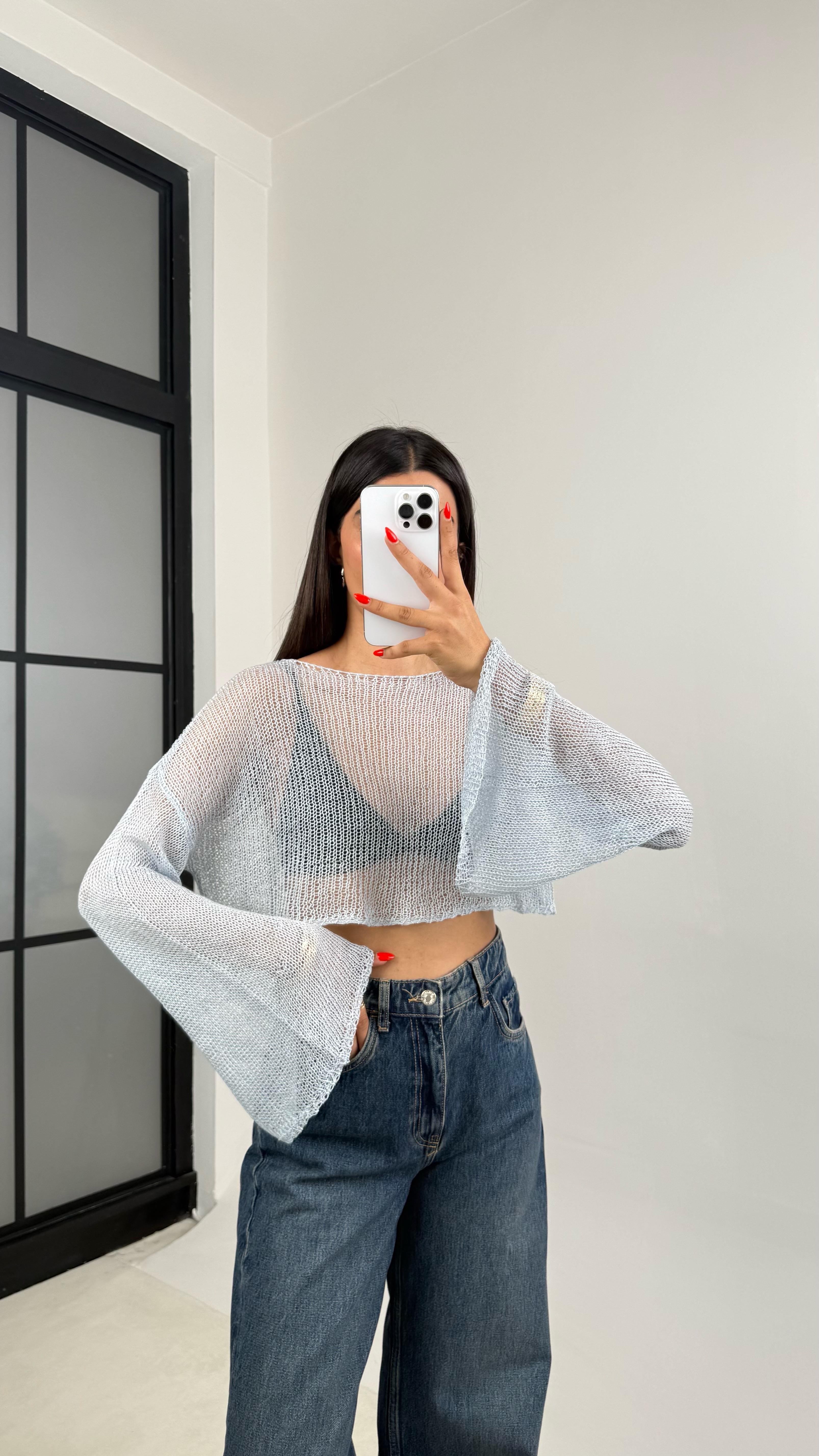 Mavi Kolu Volanlı Merserize Bluz GAUS-0061GAUSBLUZGAUS-0061