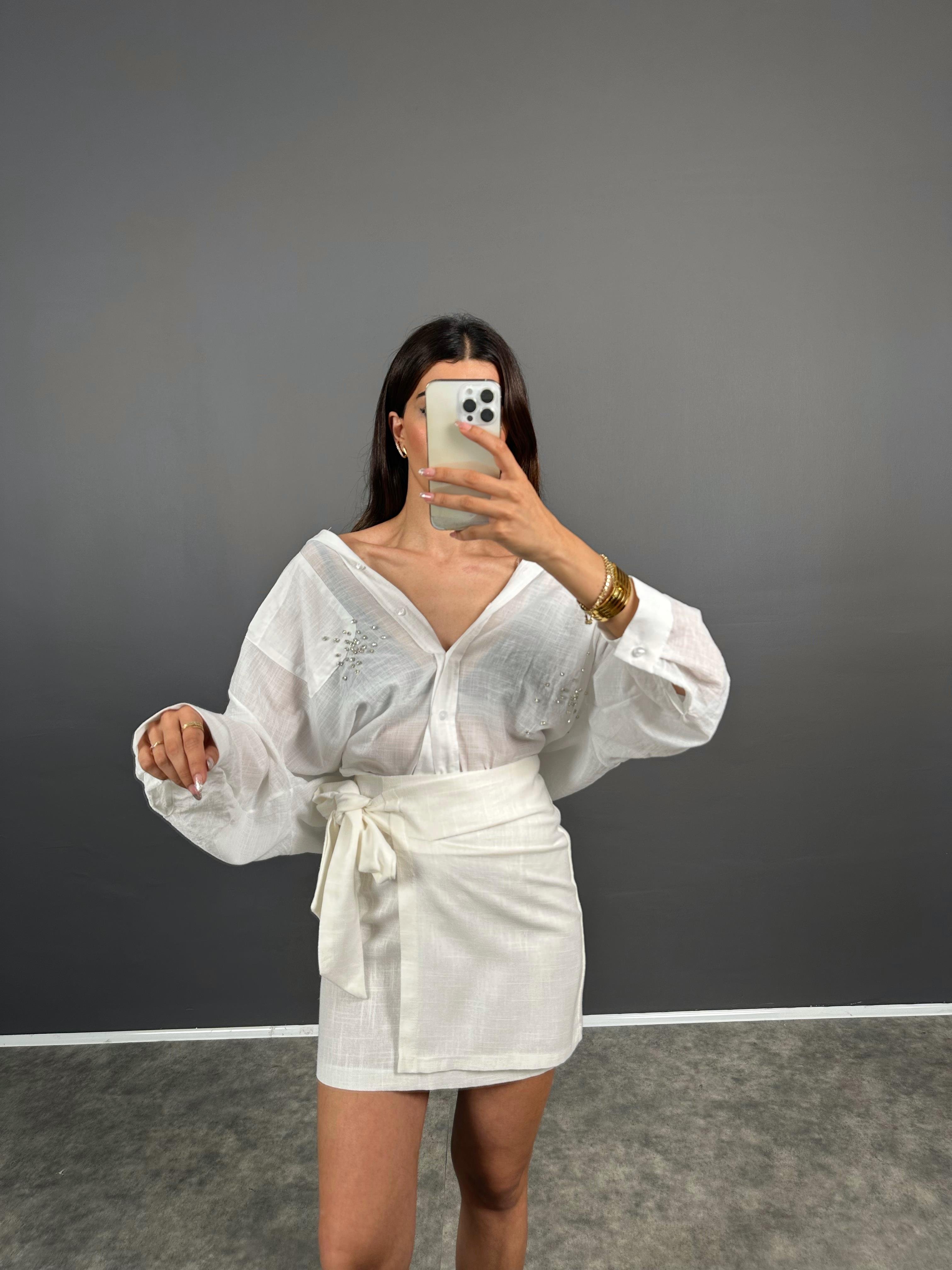 Fatsia Beyaz Bağlamalı Mini Keten EtekGausETEKGU008544