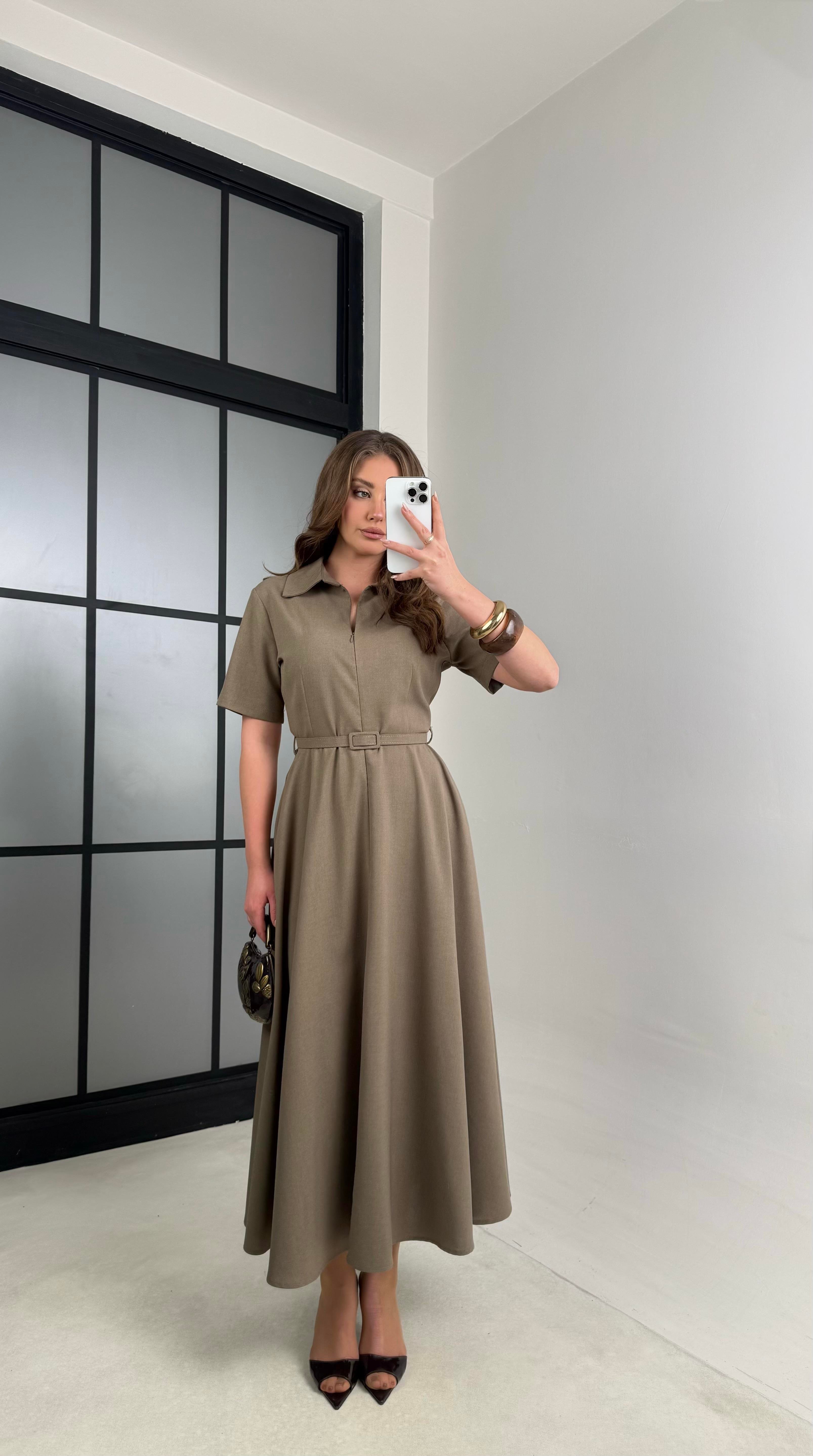 Haki İnce Kemerli Elbise GAUS-00991GAUSELBİSEGAUS-00991