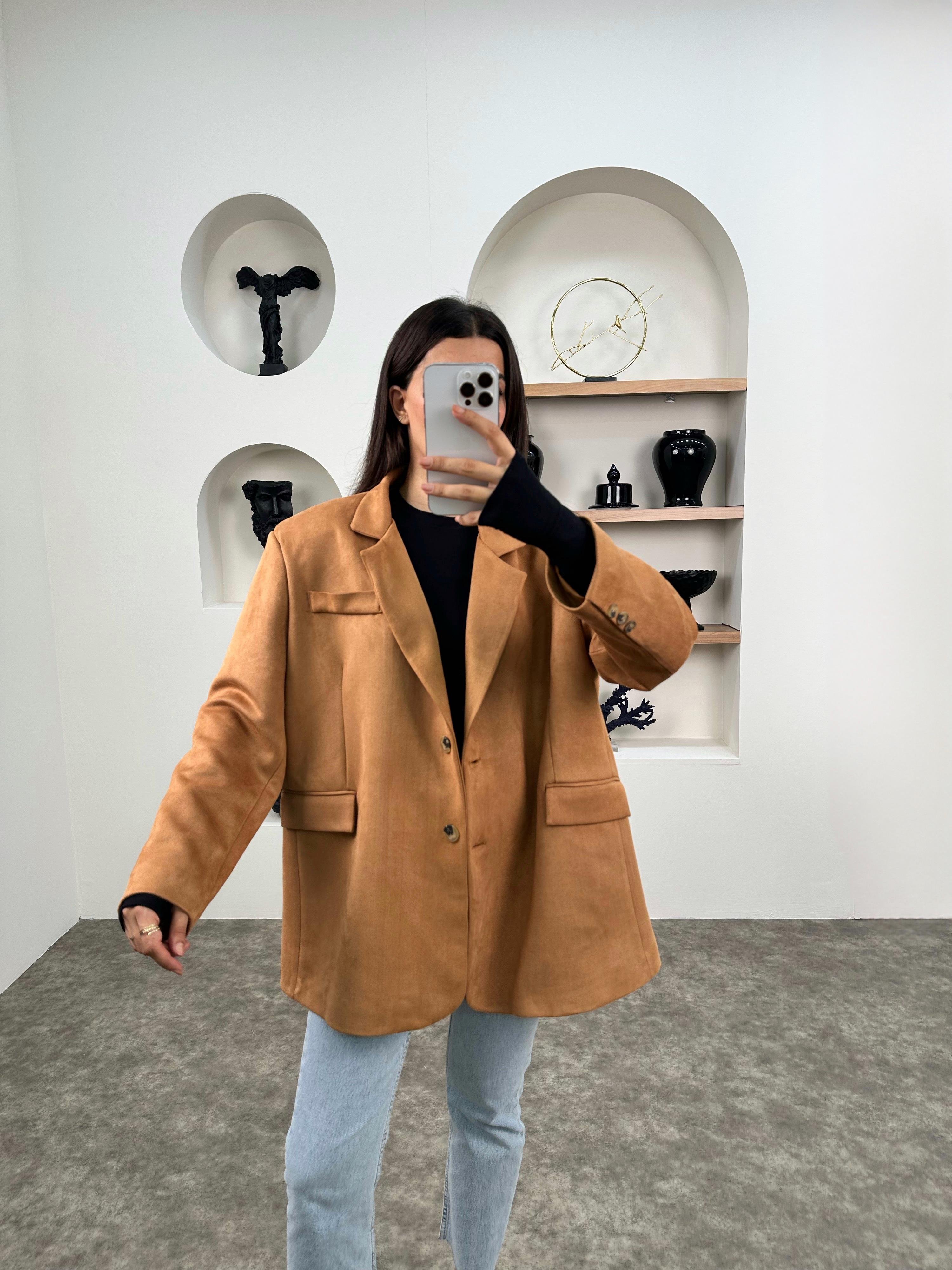 Taila Camel Astarlı Kemerli Süet Blazer CeketGausCEKETGU008981