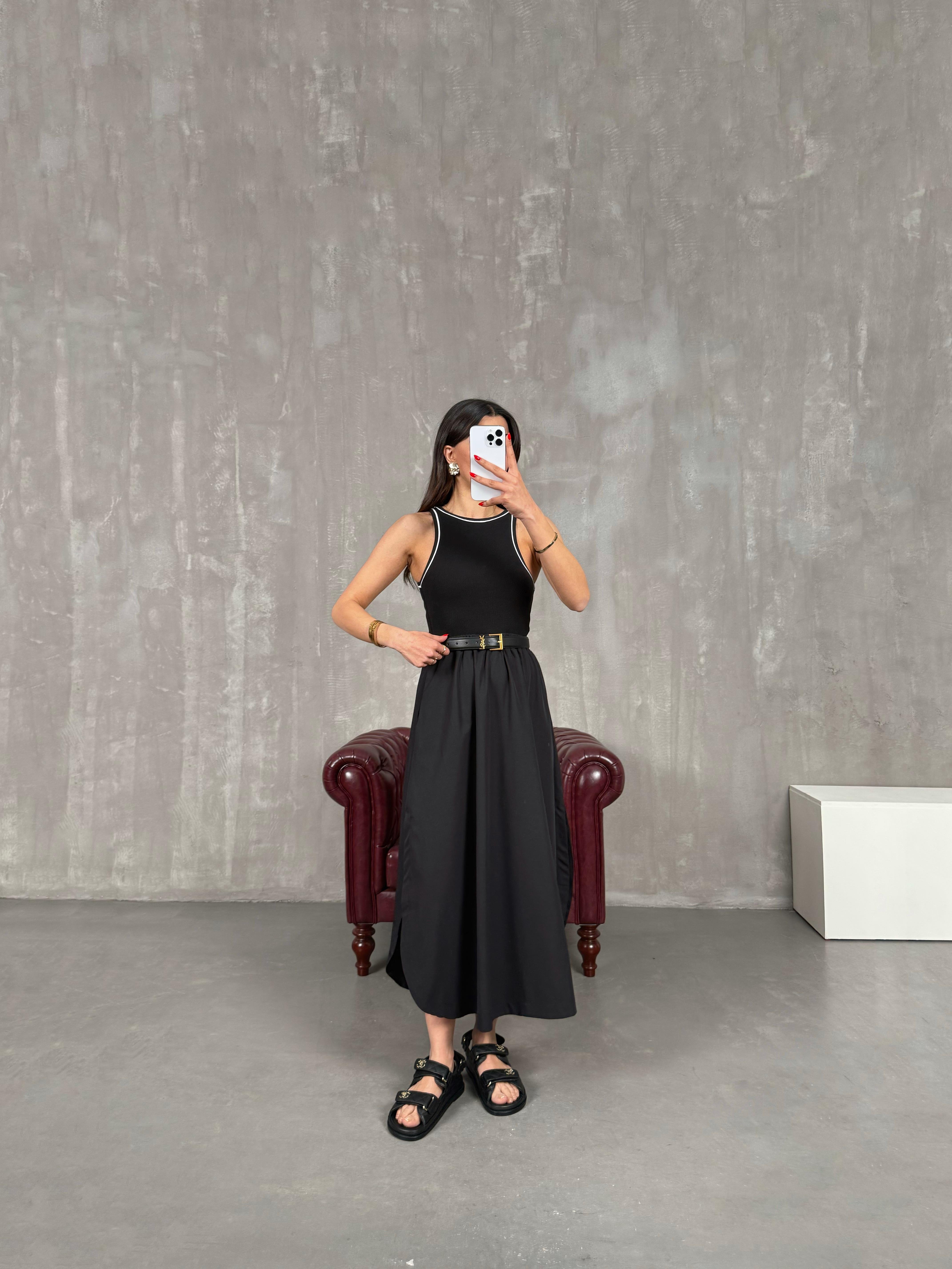 Siyah Poplin Karışımlı Fitilli Sıfır Kol Yırtmaçlı Cepli Elbise Gaus00172GausELBİSEGU1001399