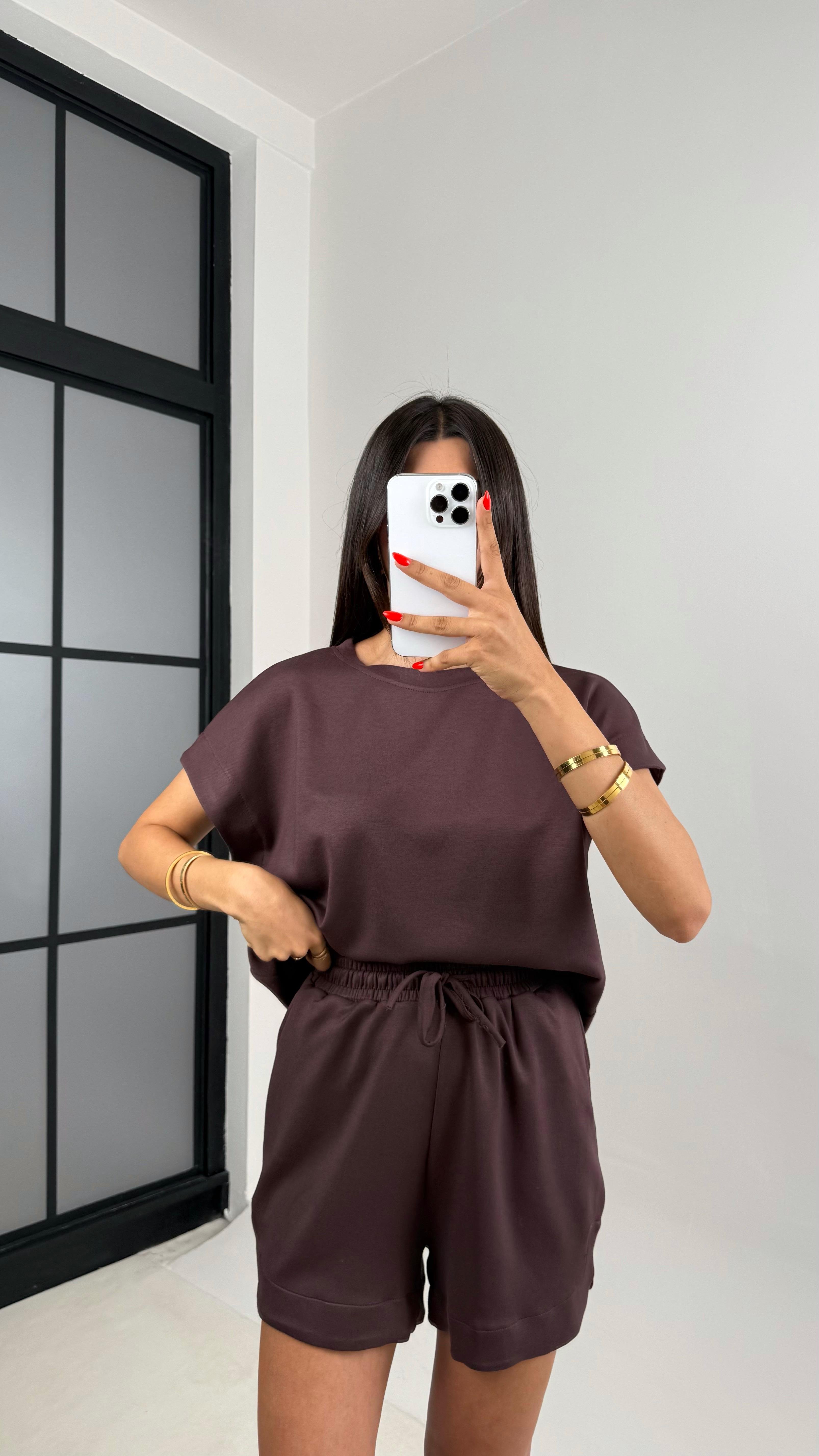 Acı Kahve Tshirt Şort İkili Modal Kumaş Takım Gaus00691GausTAKIMGU1002599