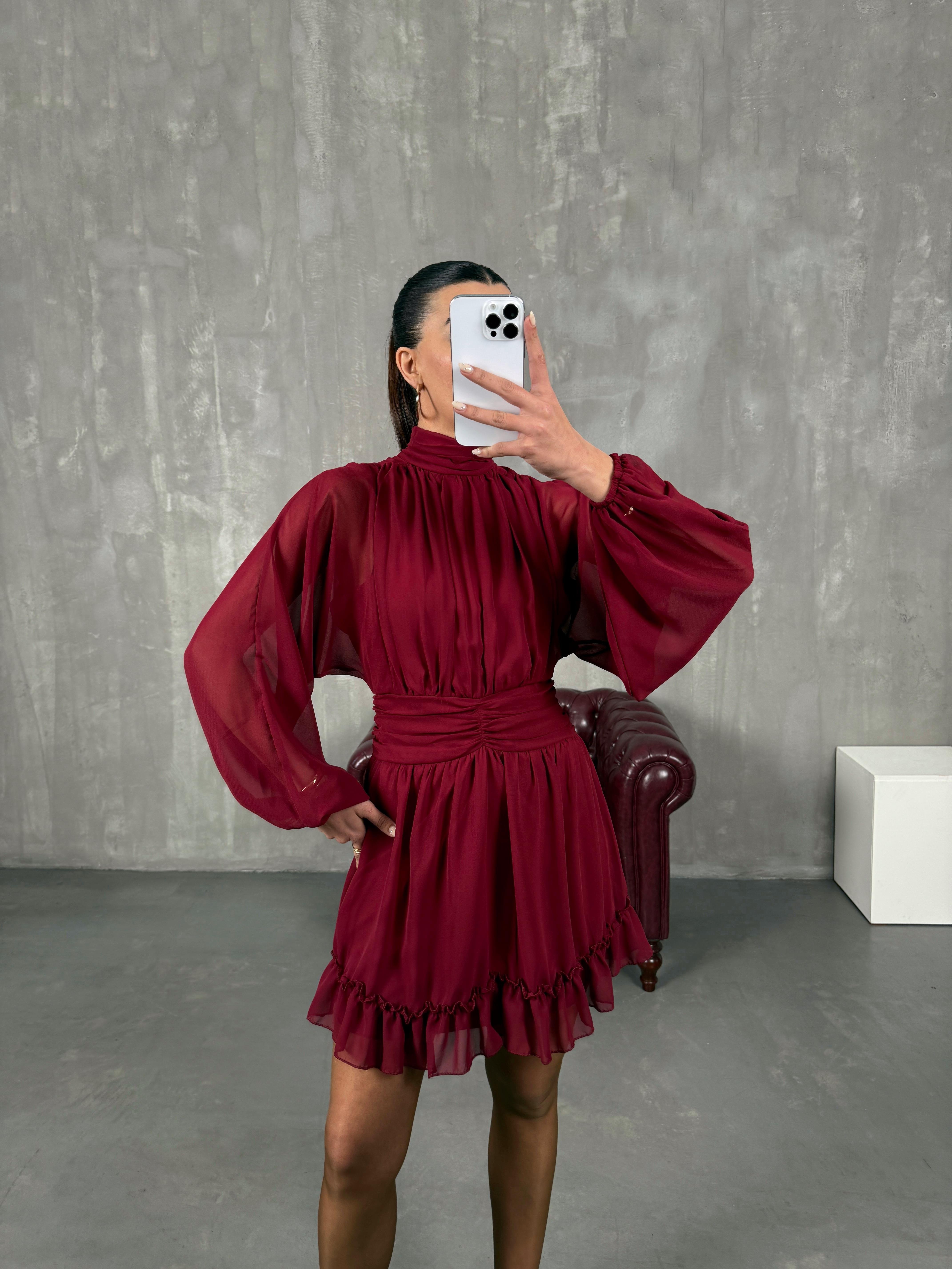 مارجو فستان شيفون بوردو مبطن بسحاب وديكولتيه ظهر