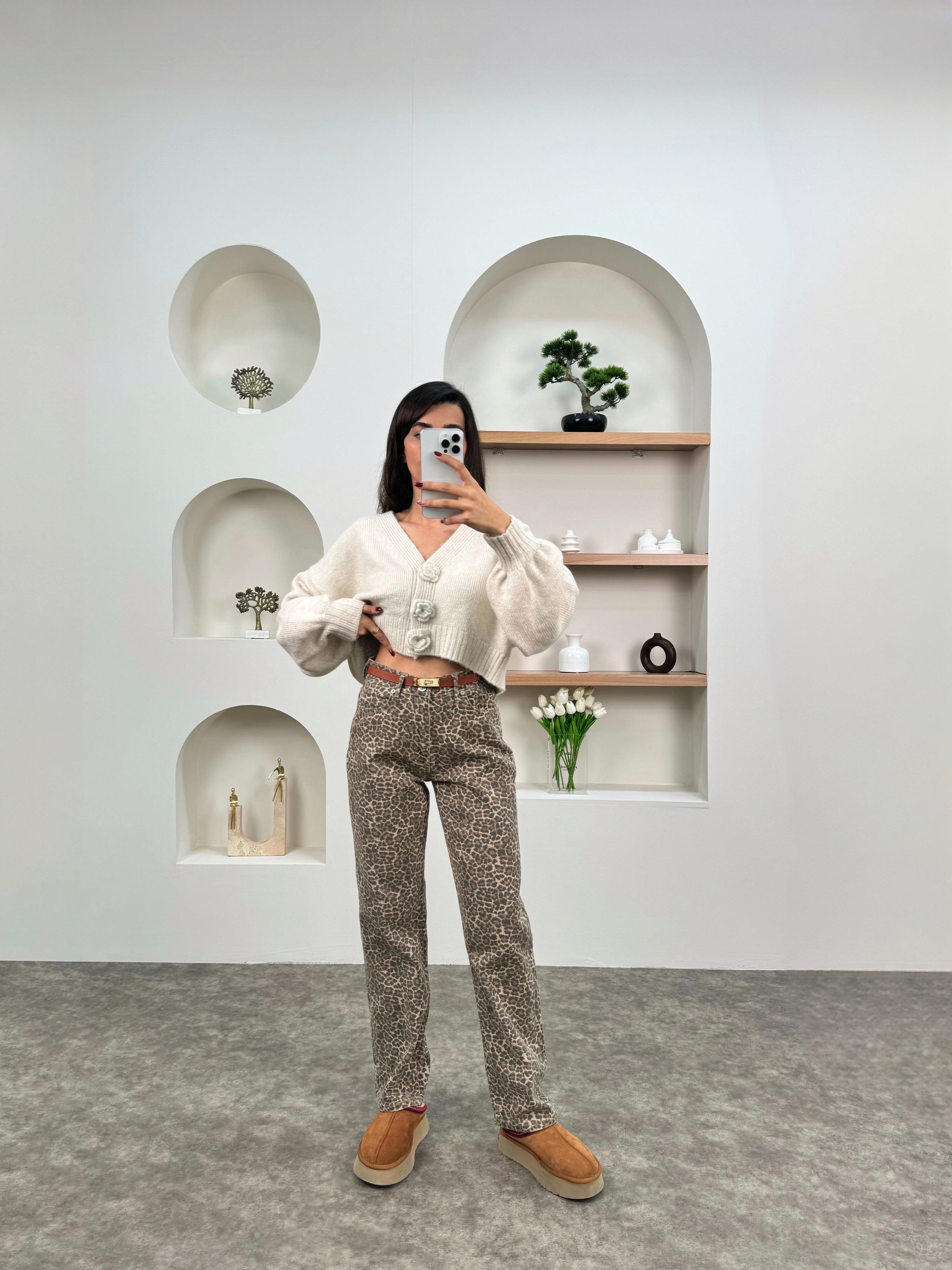 Erva Leopar Desenli Denim Pantolon