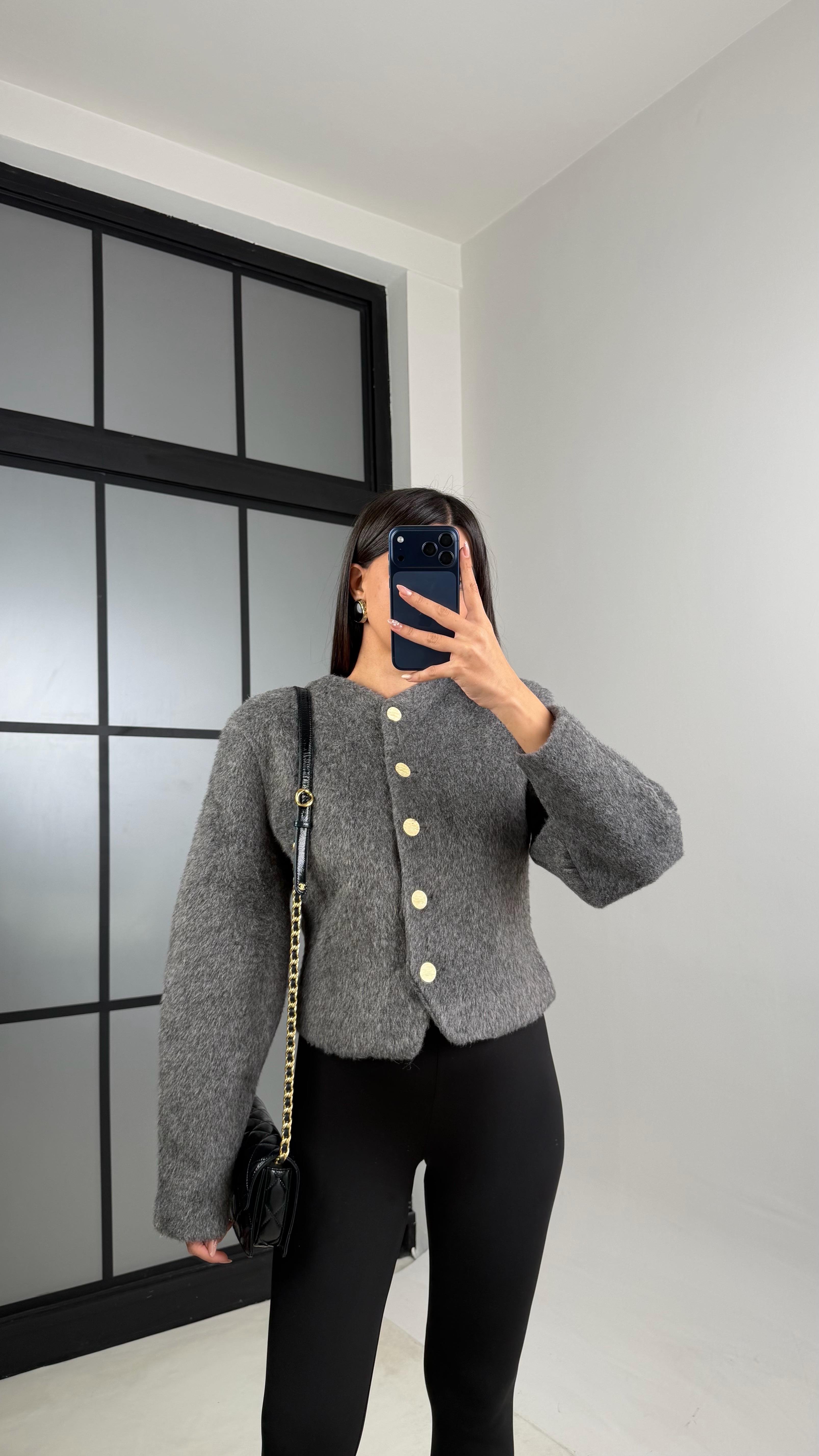 Antrasit Gold Düğmeli Belden Oturtma Kaşe Ceket GAUS-00849GAUSCEKETGAUS-00849