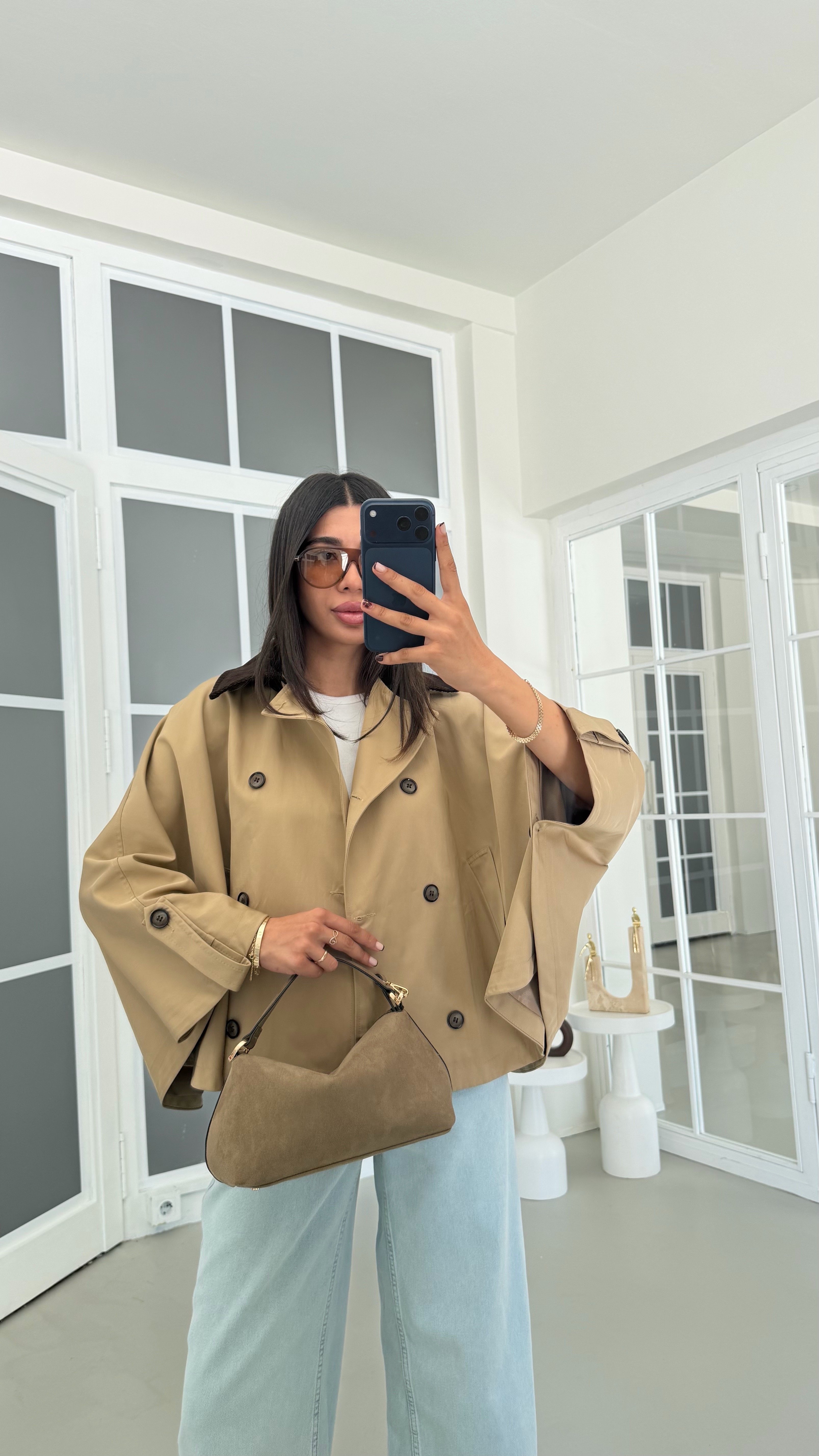 Camel Kadife Yaka Astarlı Pelerin Trençkot GAUS-01907GAUSمعاطف الترنشكوت GAUS-01907