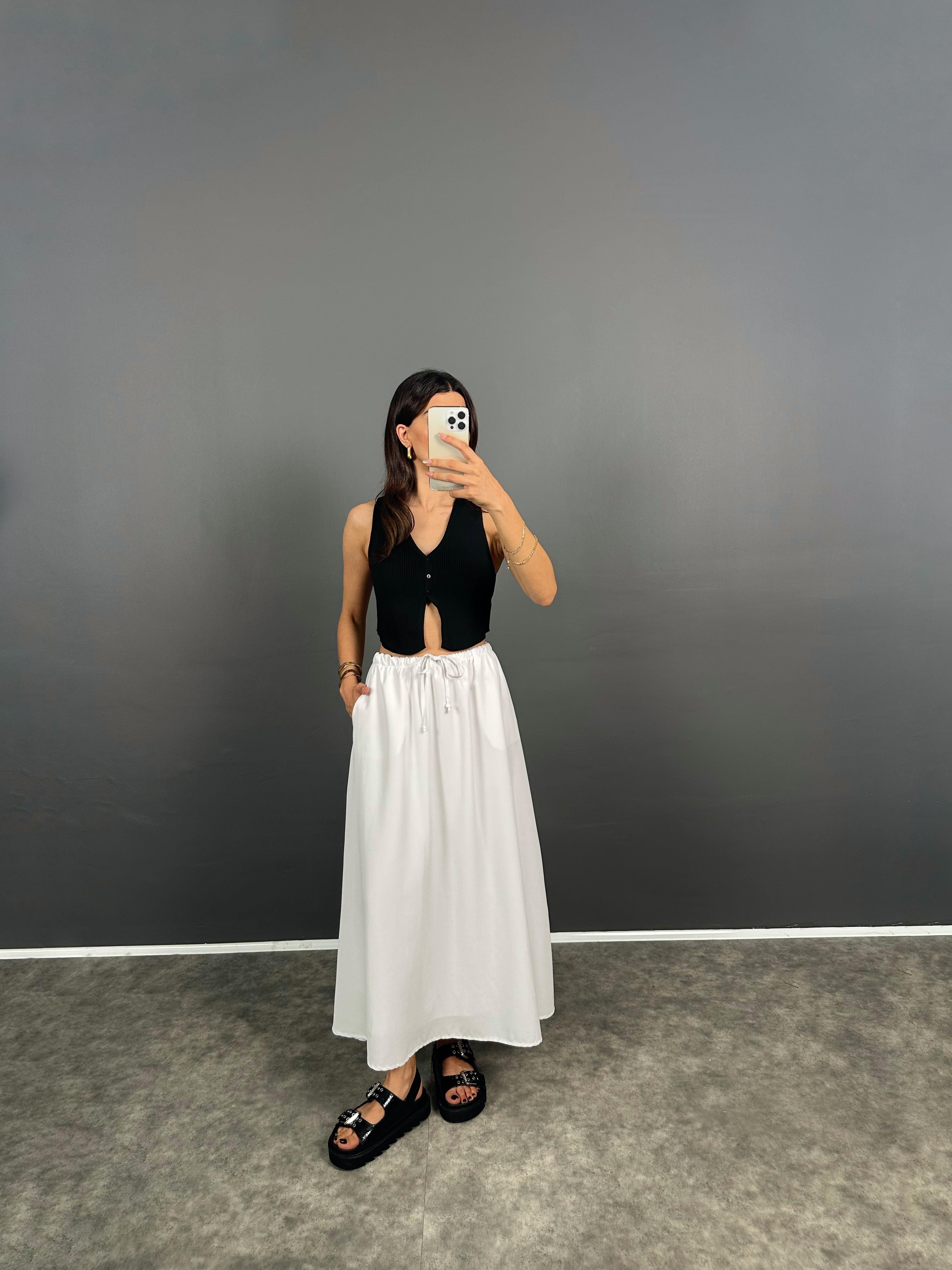 RYN Beyaz Astarlı Beli İp Detaylı Lastikli Etek