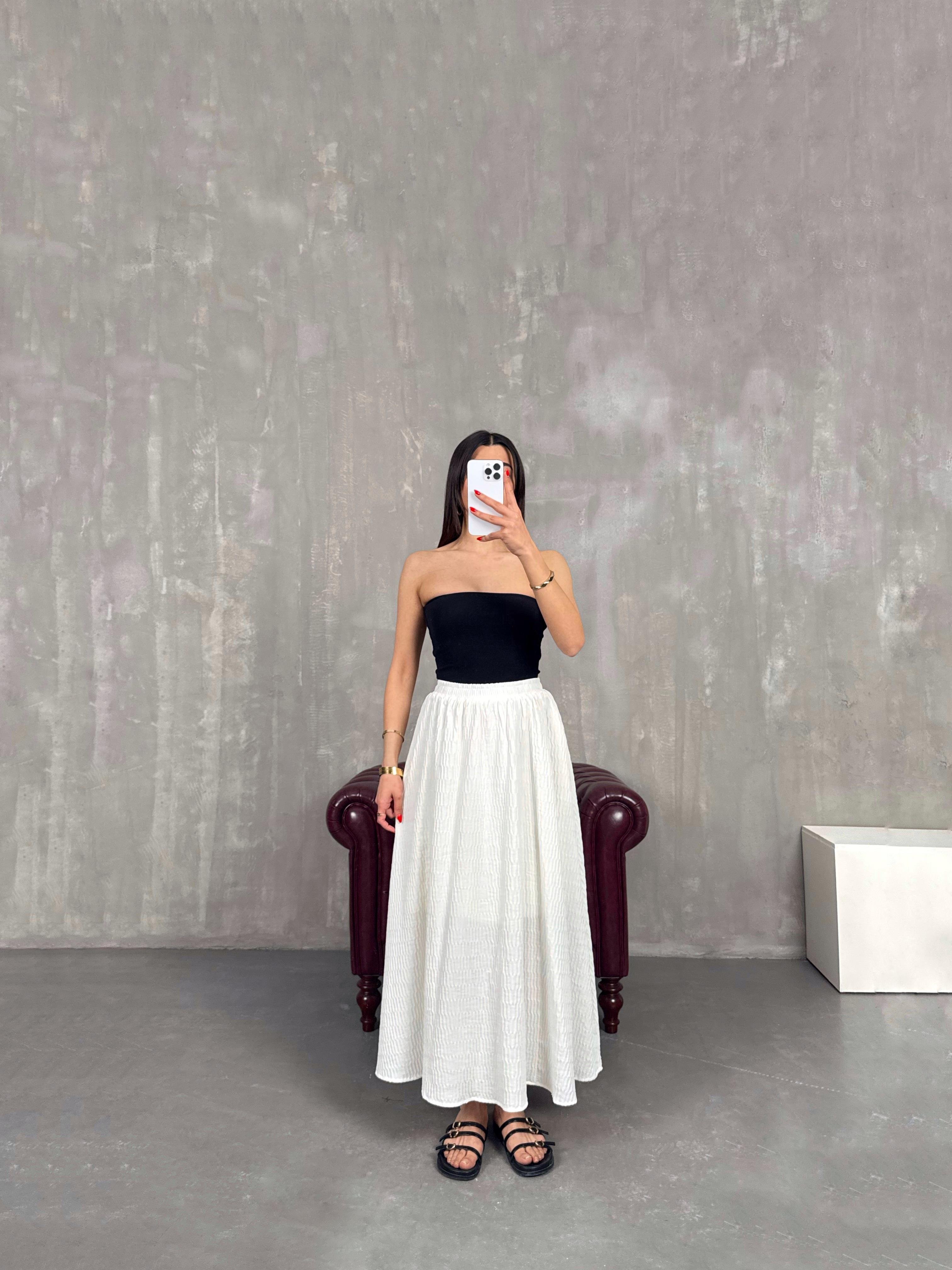 Krem Beli Lastikli Astarlı Büzgü Detaylı Etek Gaus00196GausETEKGU1001460