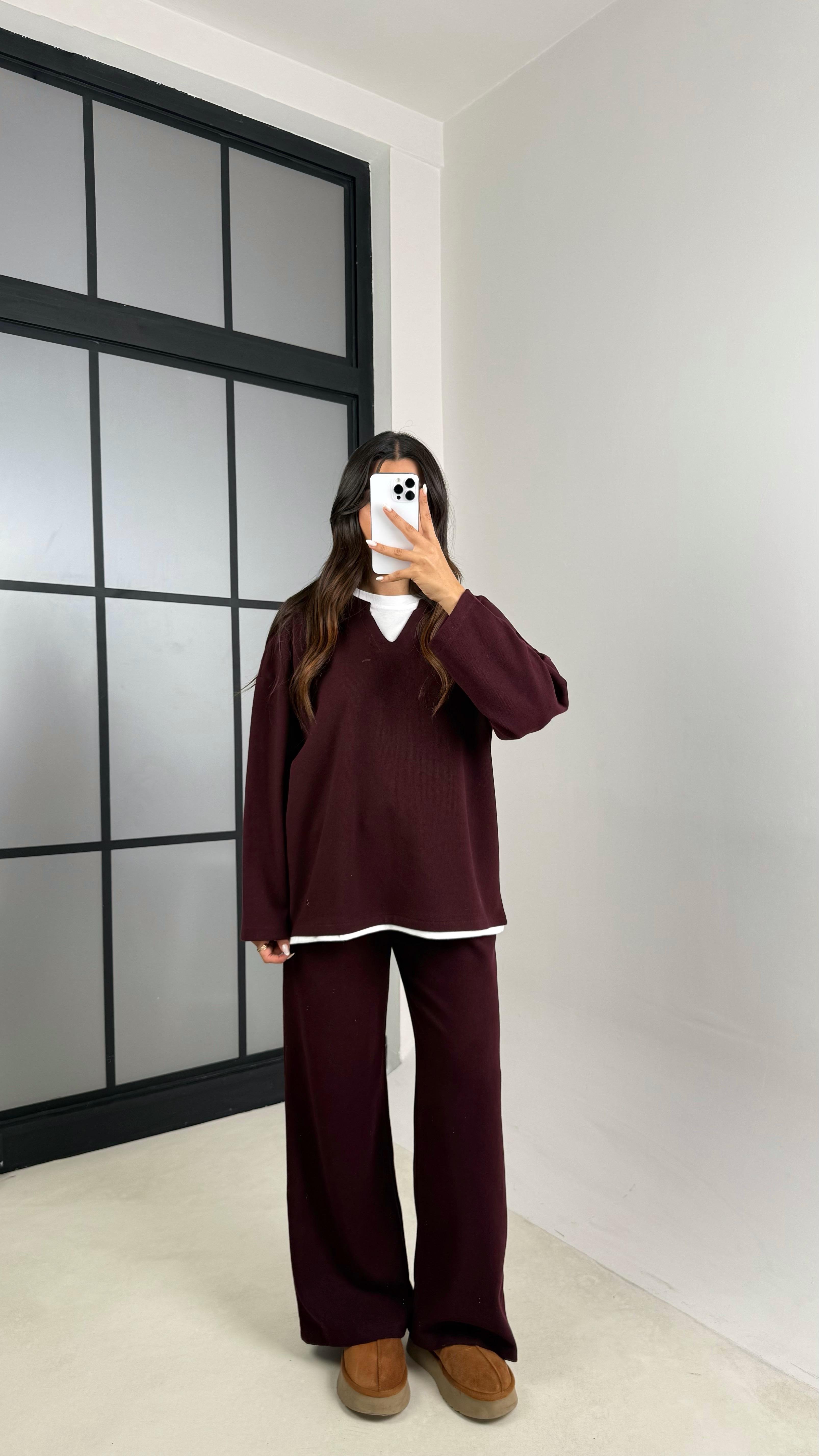 Mürdüm Tshirt Detaylı Kazak Beli Lastikli Pantolon İkili Triko Takım GAUS-00485GAUSTAKIMGAUS-00485