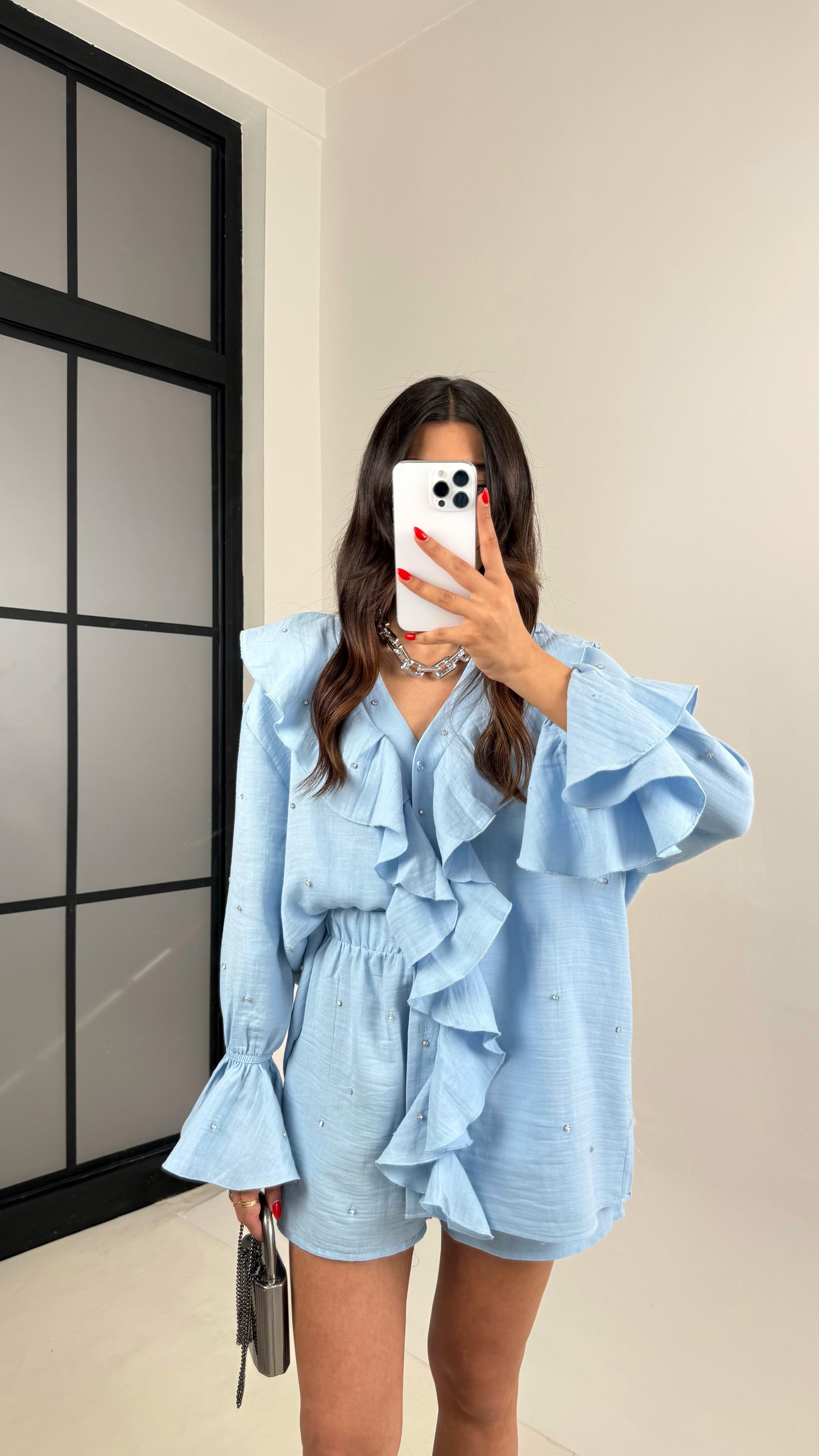 Mavi Yaka Fırfırlı Taş Detaylı Gömlek Şortlu Müslin Takım Gaus00511GausTAKIMGU1002201