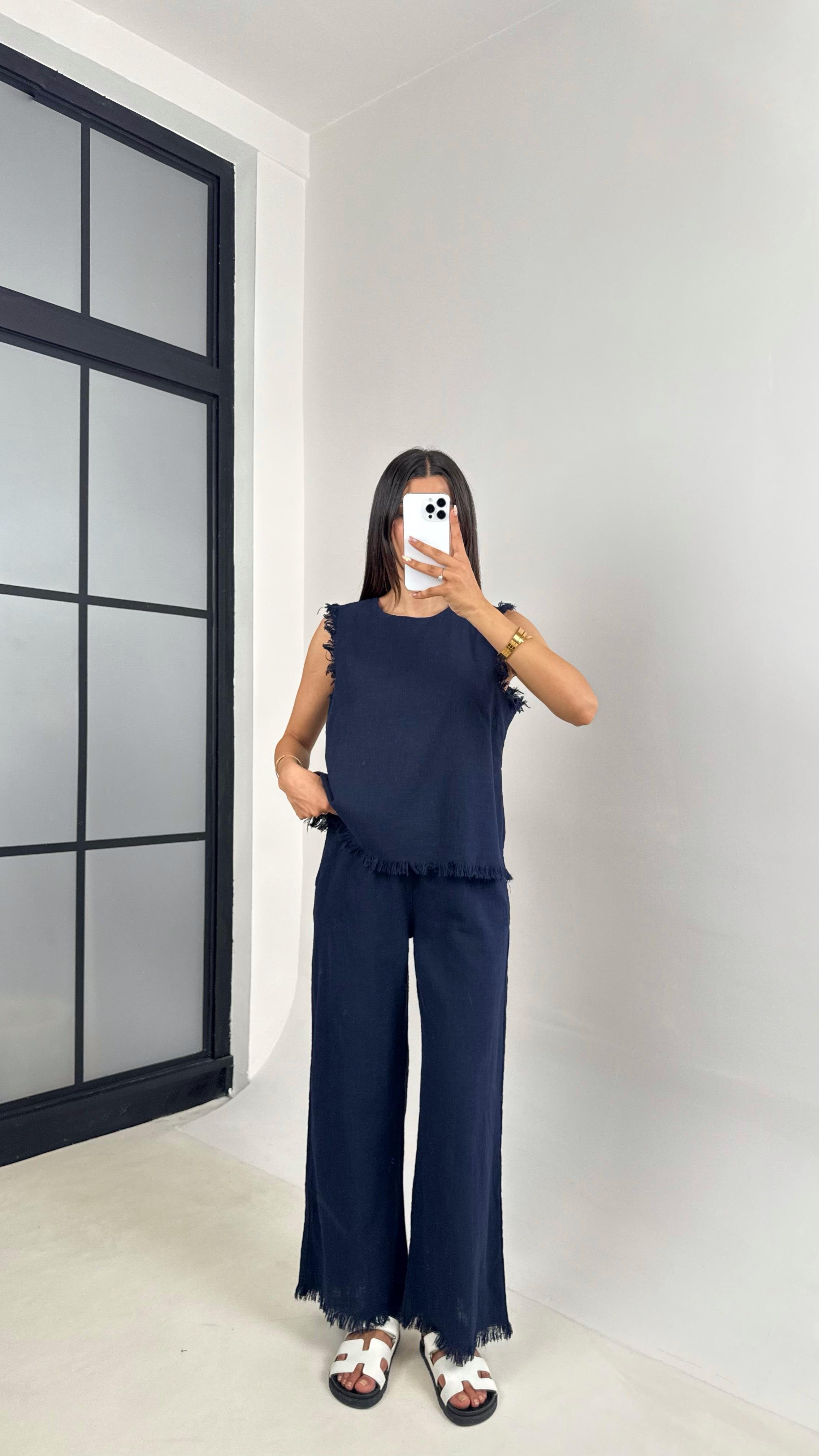 Lacivert Püskül Detaylı Bluz Beli Lastikli Cepli Pantolon Keten Takım Gaus00646 GausTAKIMGU1002503