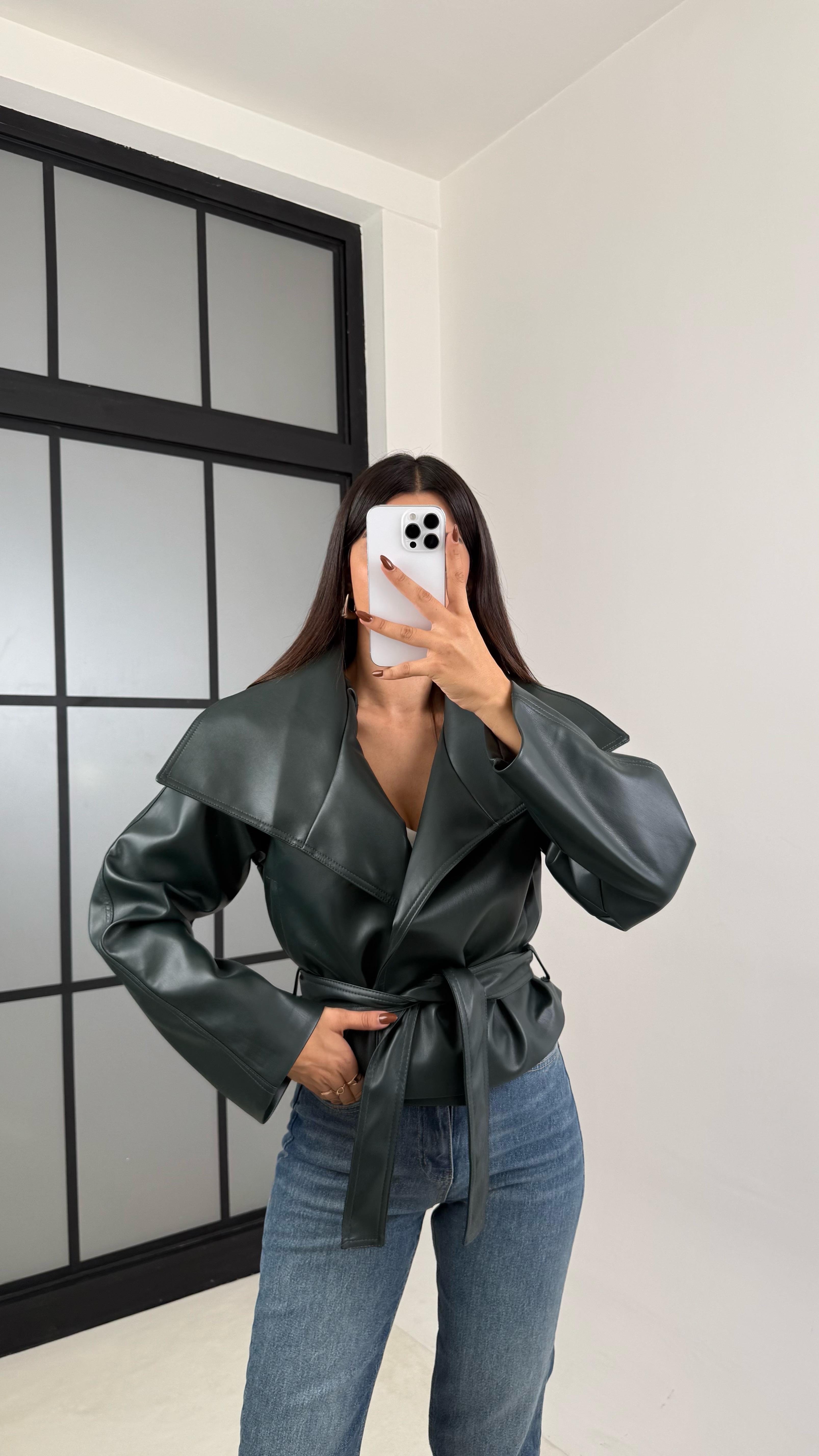 Haki Deri Astarlı Kemerli Ceket GAUS-00338GAUS السترات  GAUS-00338