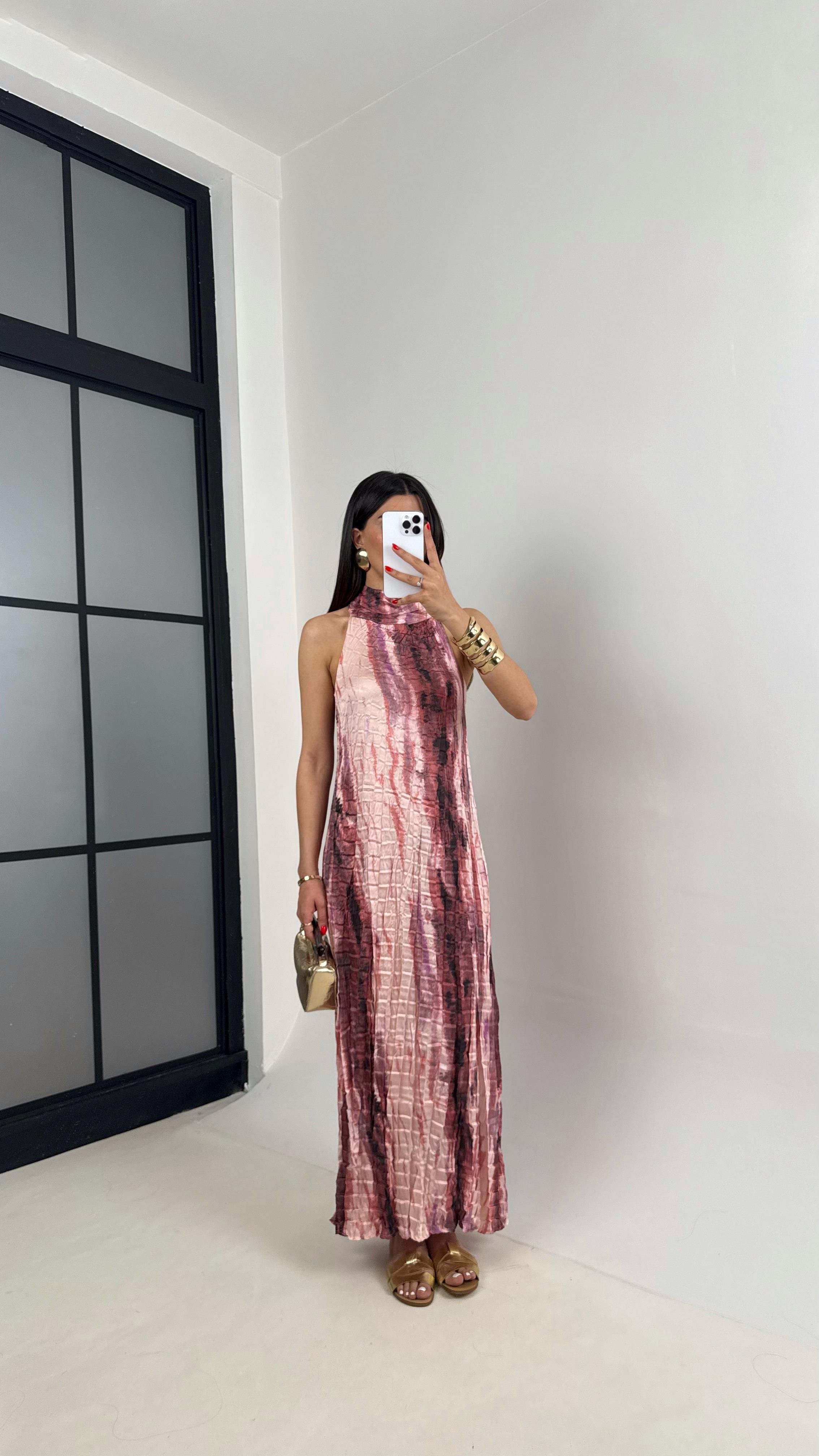 Pembe Renkli Astarlı Kırışık Elbise Gaus00313GausELBİSEGU1002078