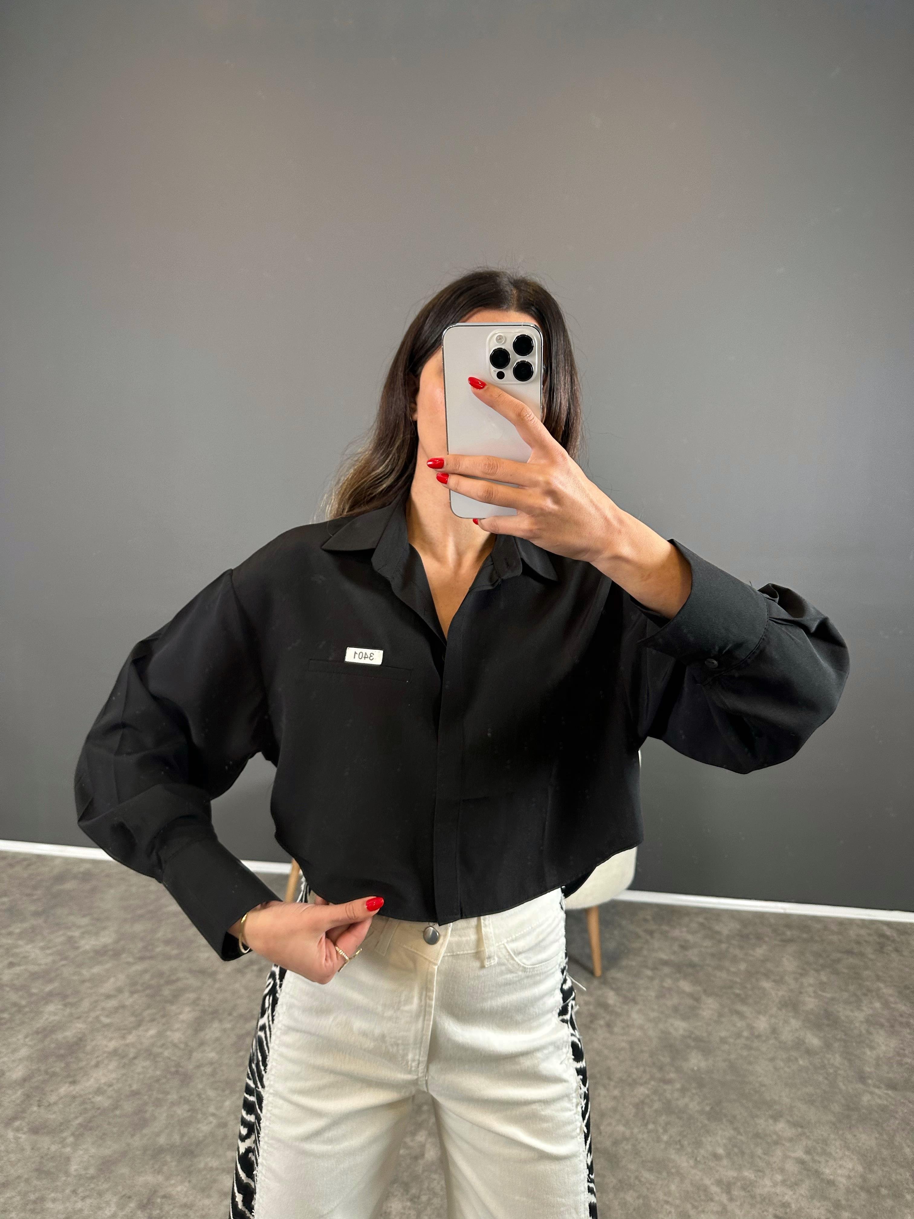 Cardi Siyah Baskılı Crop Gömlek 