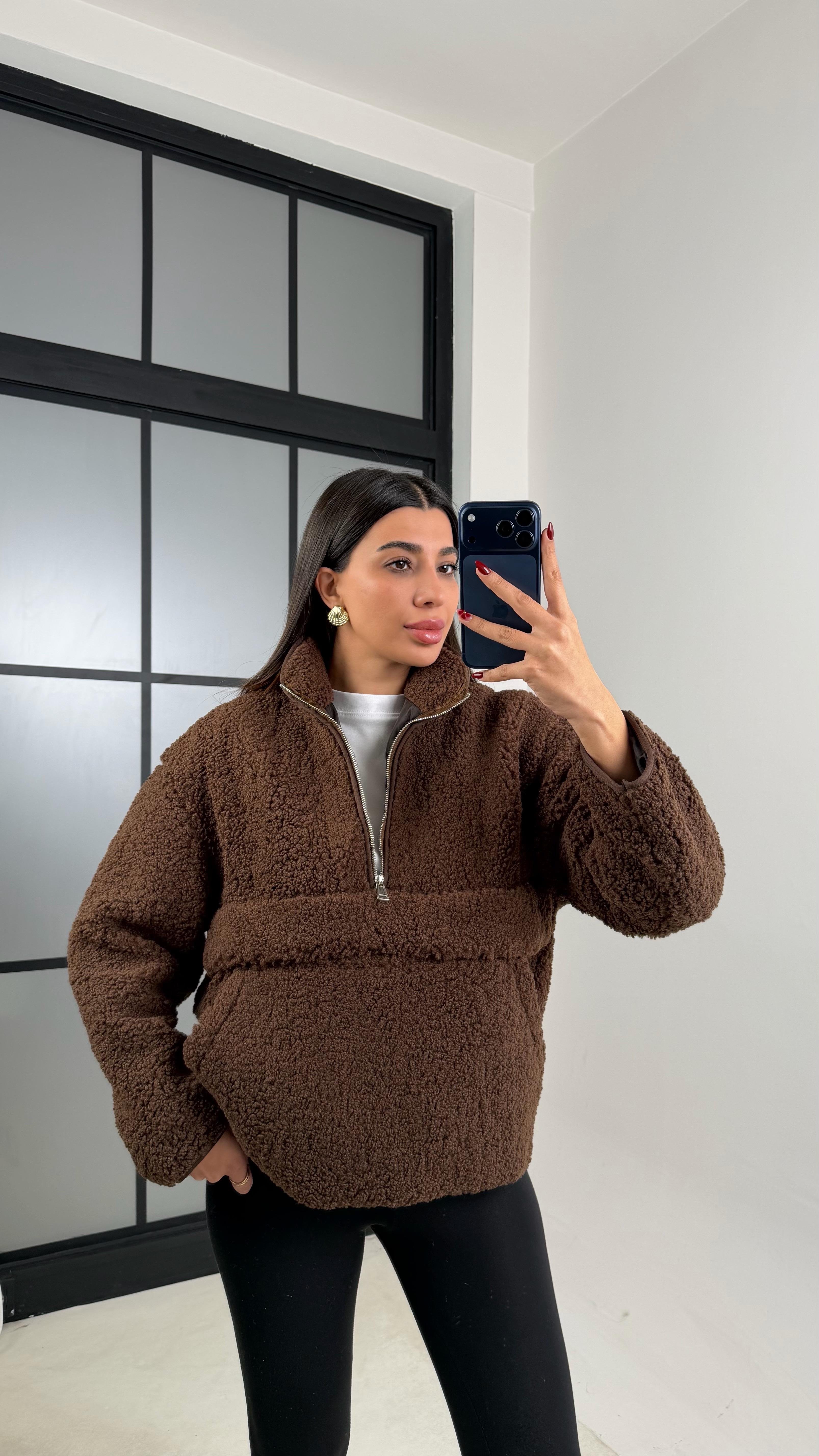 Acı Kahve Cepli Yaka Fermuarlı Peluş Sweatshirt GAUS-00672GAUSالسويت شيرت GAUS-00672