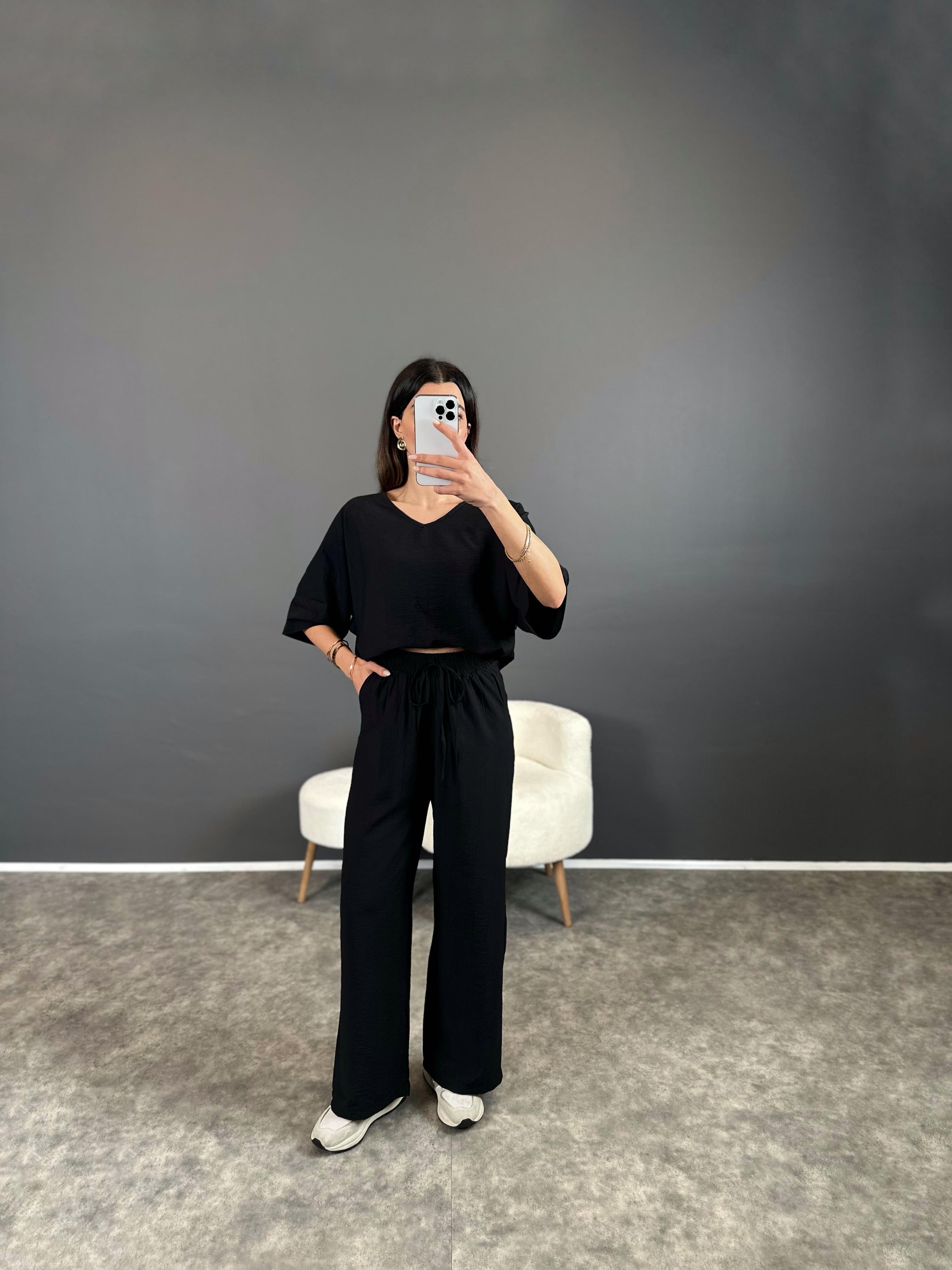 Alves Siyah Premium İthal Kumaş Kısa Kol İkili Takım GausTAKIMGU004504
