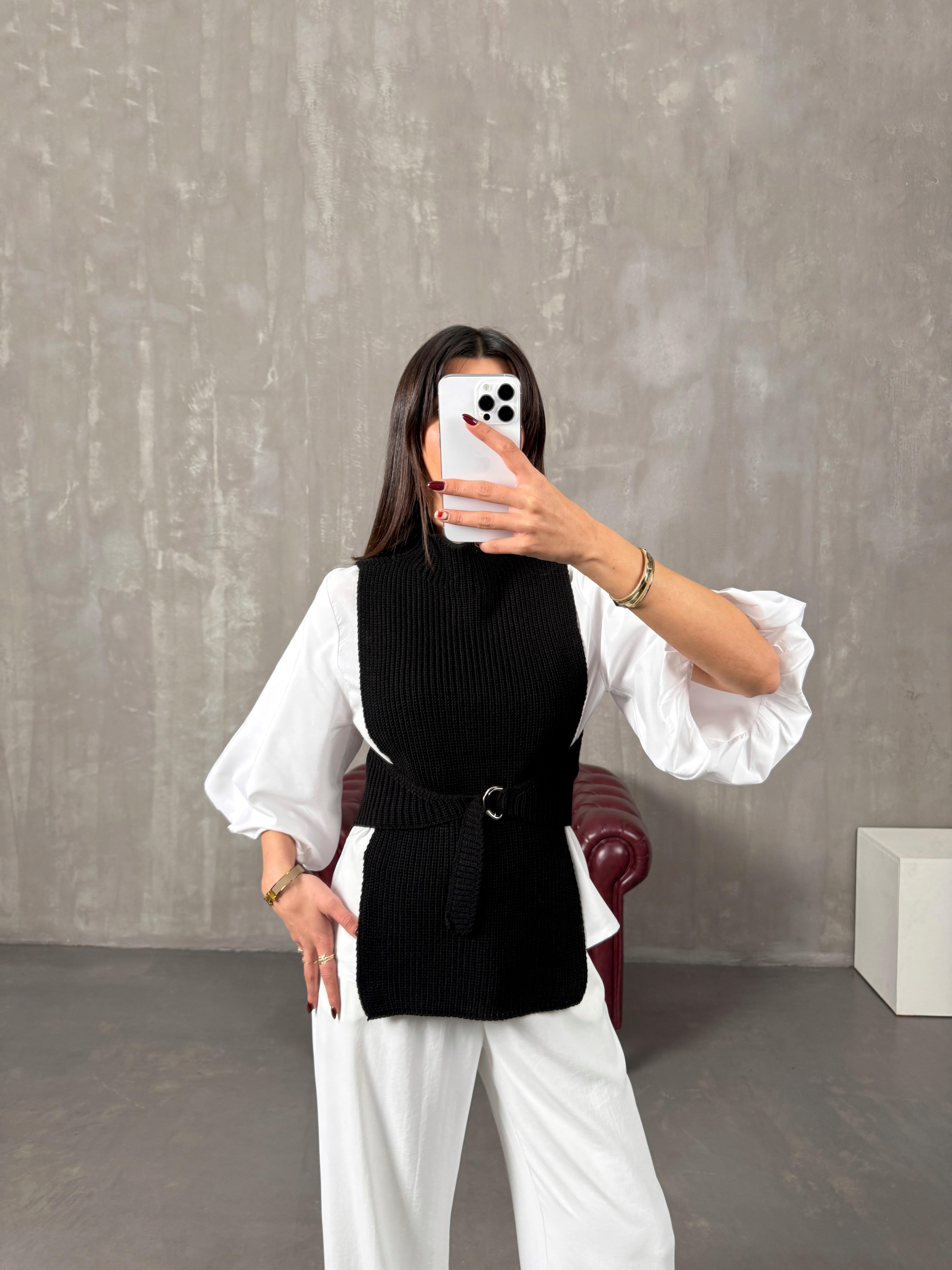 Raysa Siyah İkili Balon Kol Gömlek Triko Süveter