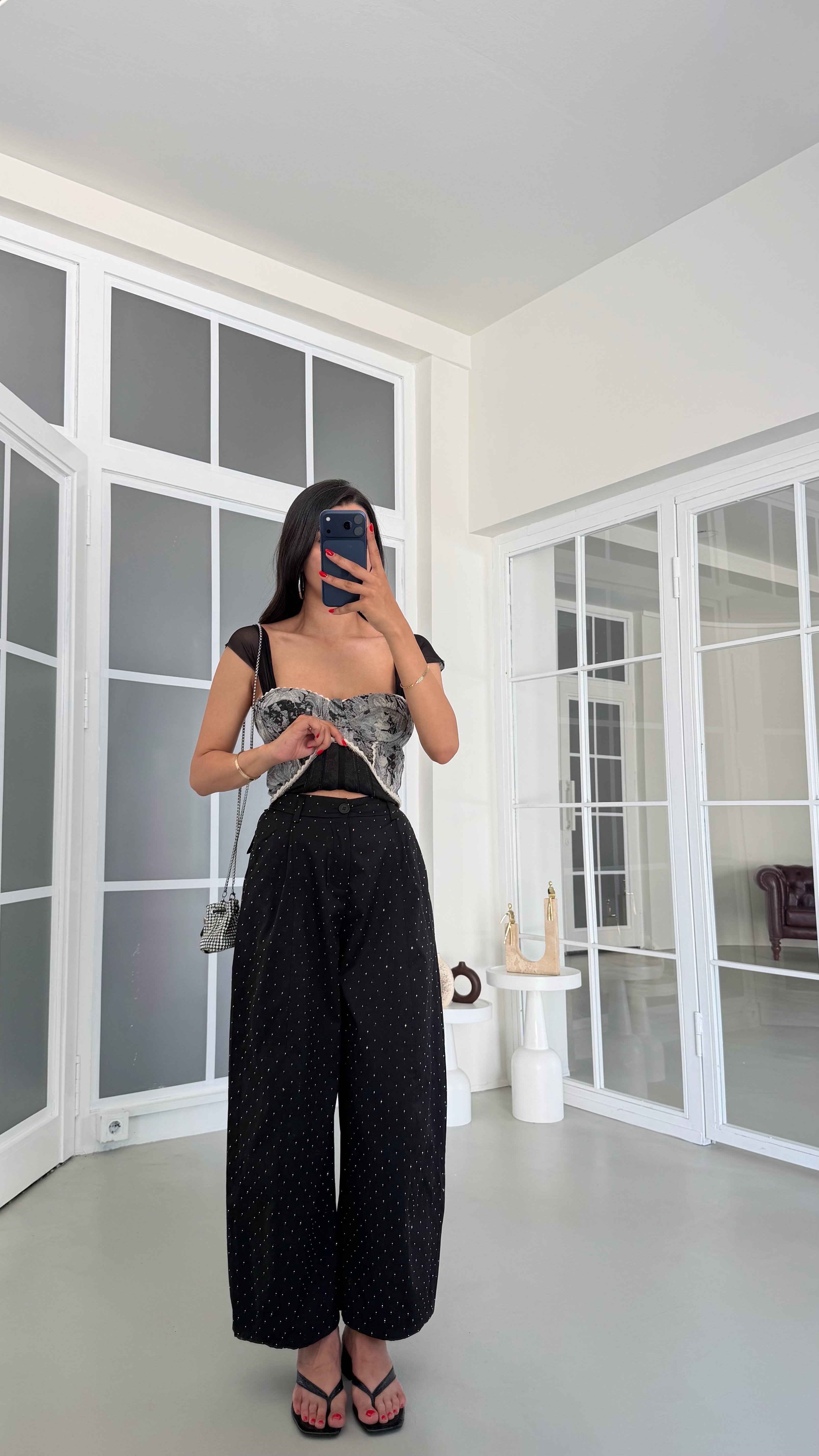 Siyah Taş Detaylı Oversize Premium Pantolon GAUS-01865GAUSPantsGAUS-01865