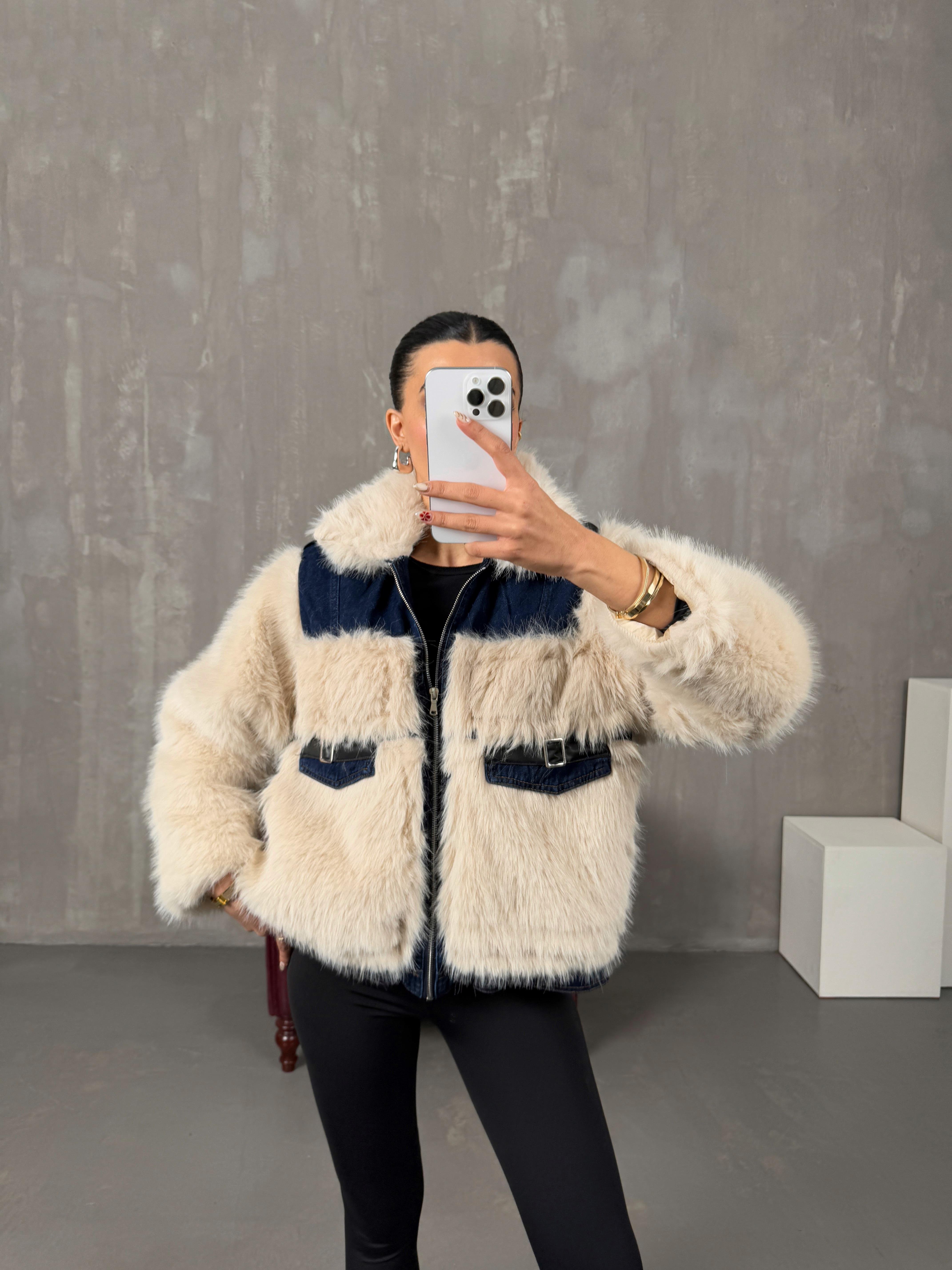 Monty Taş Peluş Kürk Denim Karışımlı Tasarım Ceket