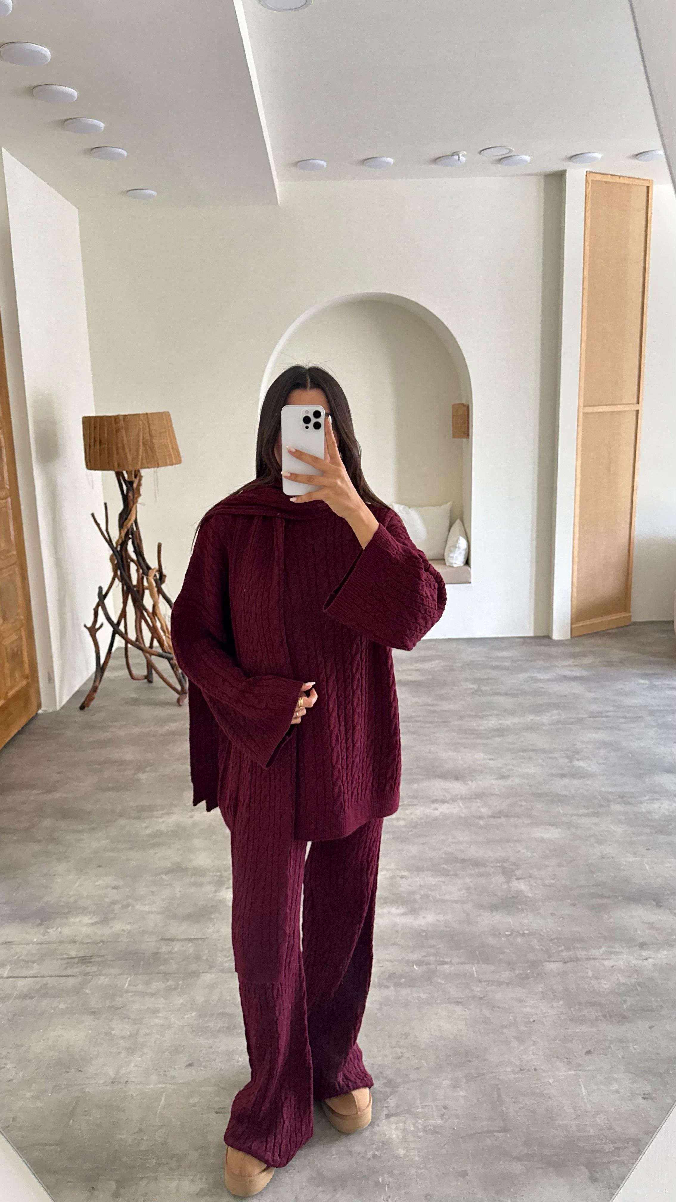Bordo Kazak Atkı Beli Lastikli Pantolon 3'lü Örgü Kumaş Takım GAUS-00212GAUSSuitsGAUS-00212
