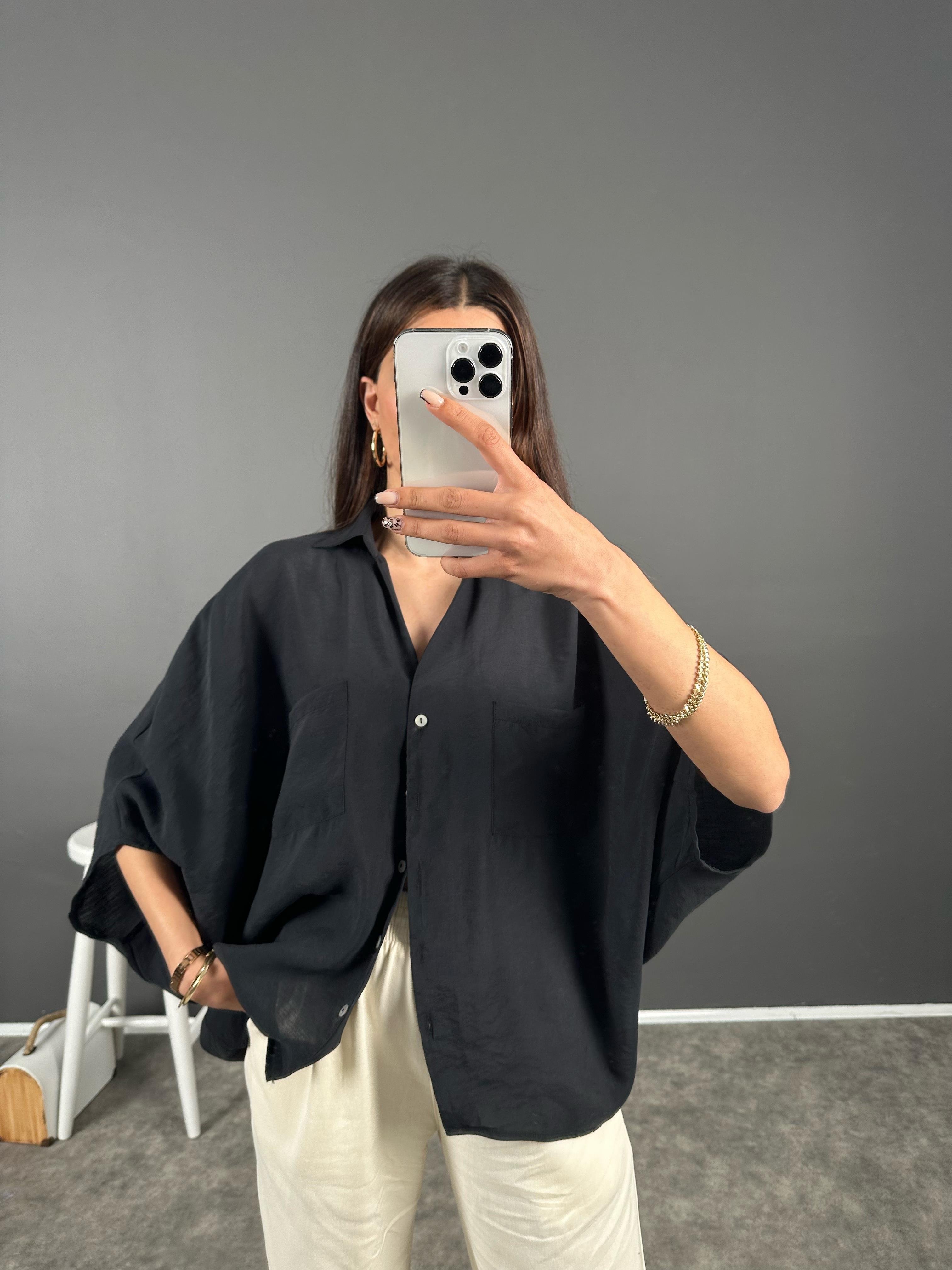 Siyah Premium Yarasa Kol Gömlek 