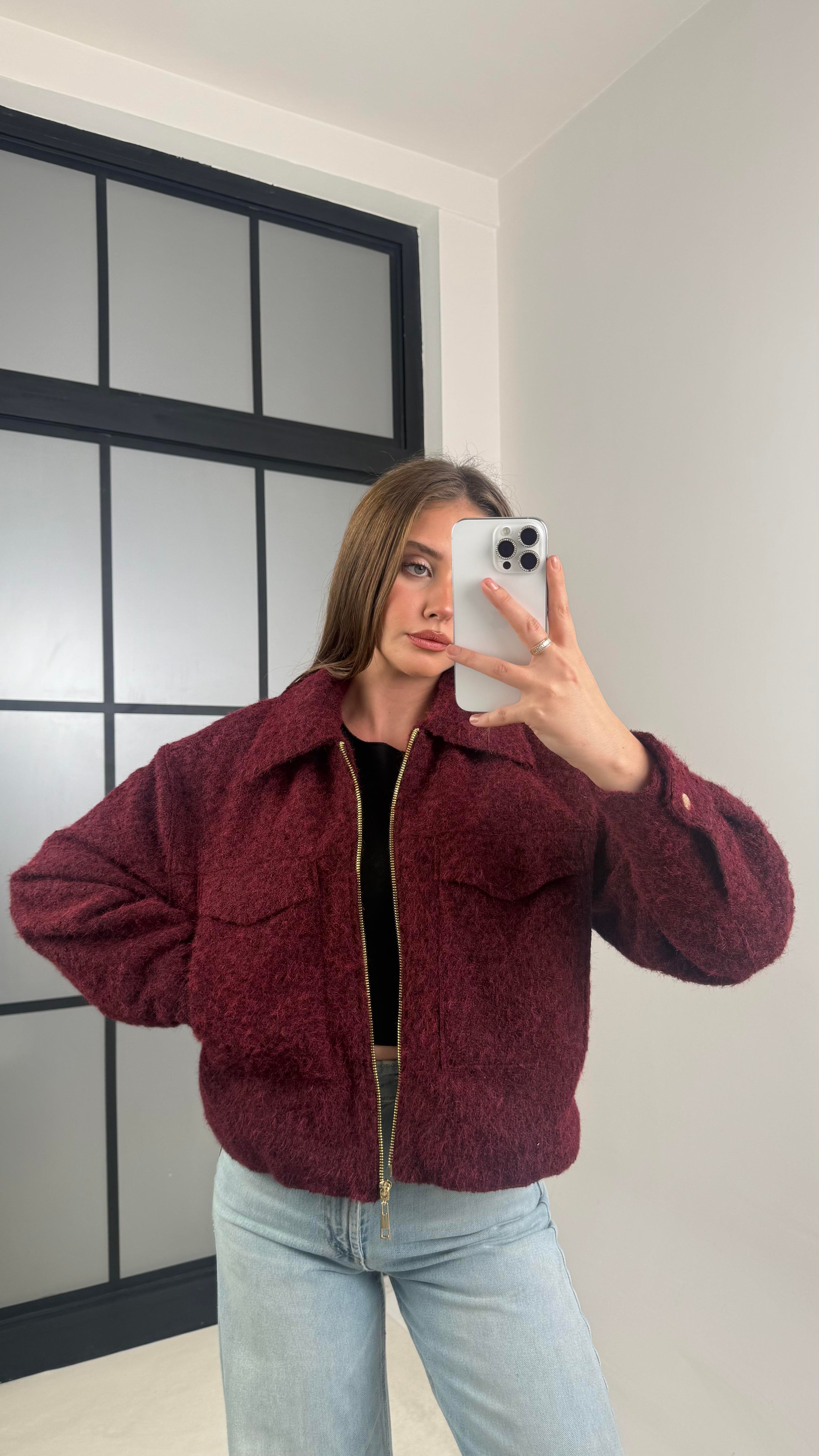 Bordo Astarlı Fermuarlı Muadil Keçe Kumaş Ceket GAUS-00603GAUS السترات  GAUS-00603