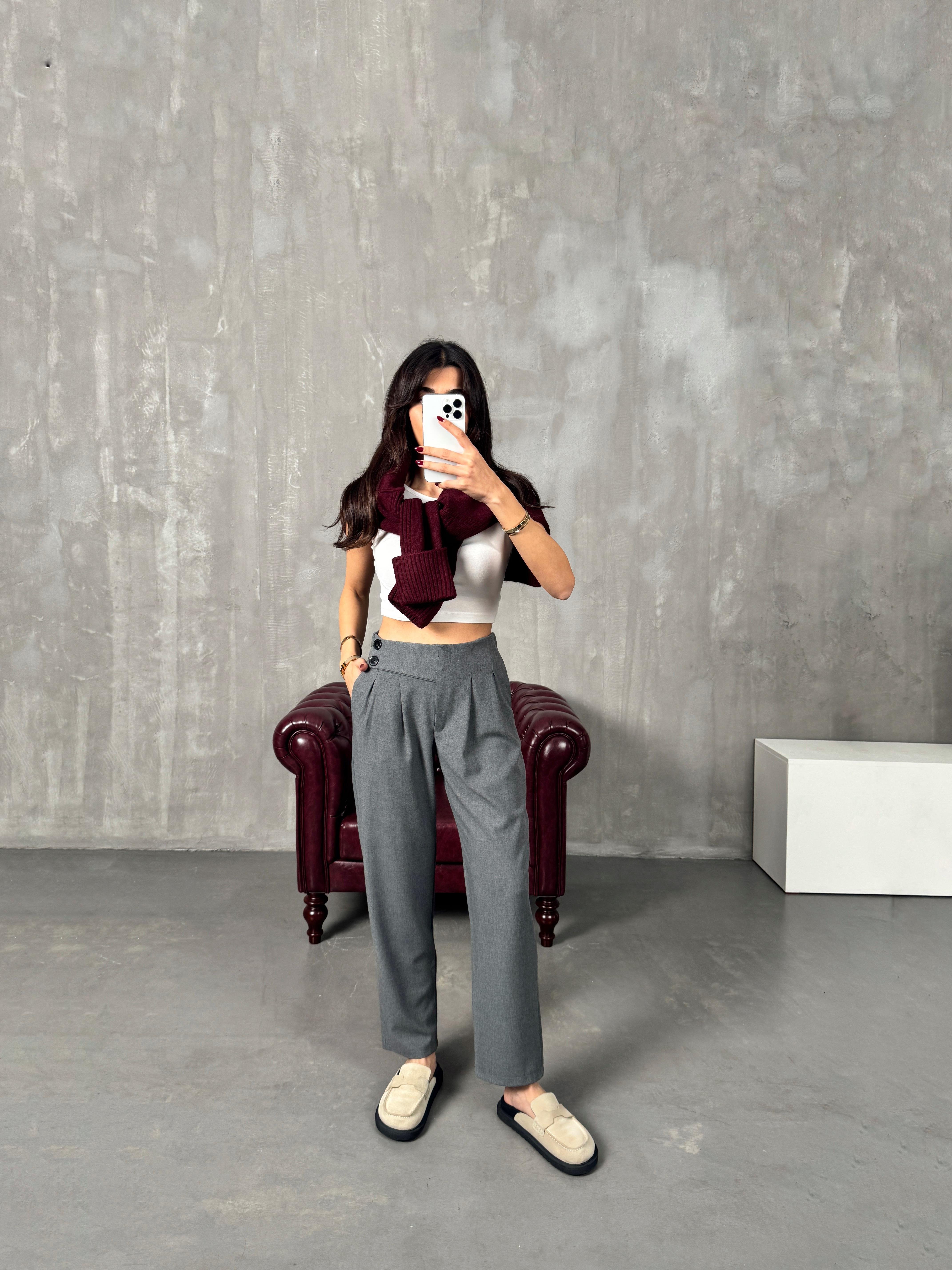 Punta Gri Arka Beli Lastikli Tasarım PantolonGausPANTOLONGU00904045