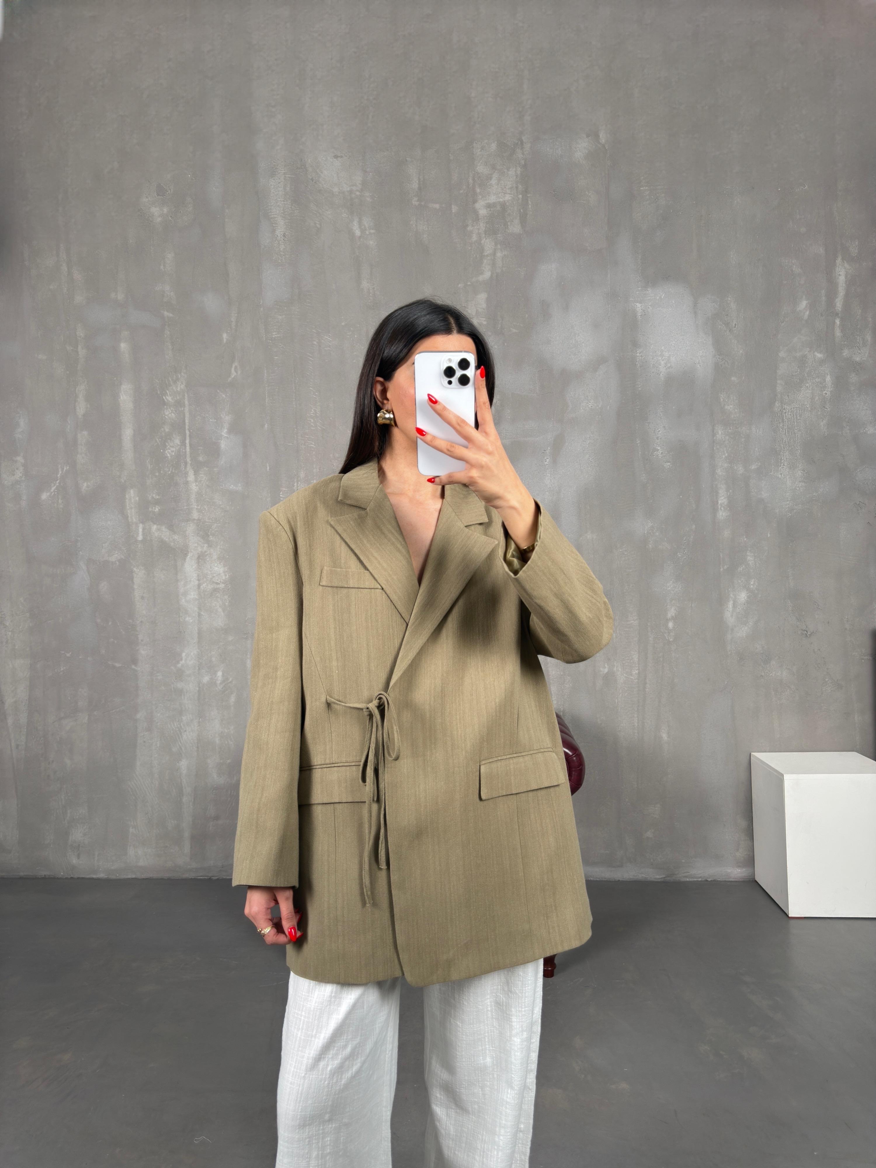 Haki Astarlı Bağlamalı Keten Ceket Gaus00160GausCEKETGU1001369