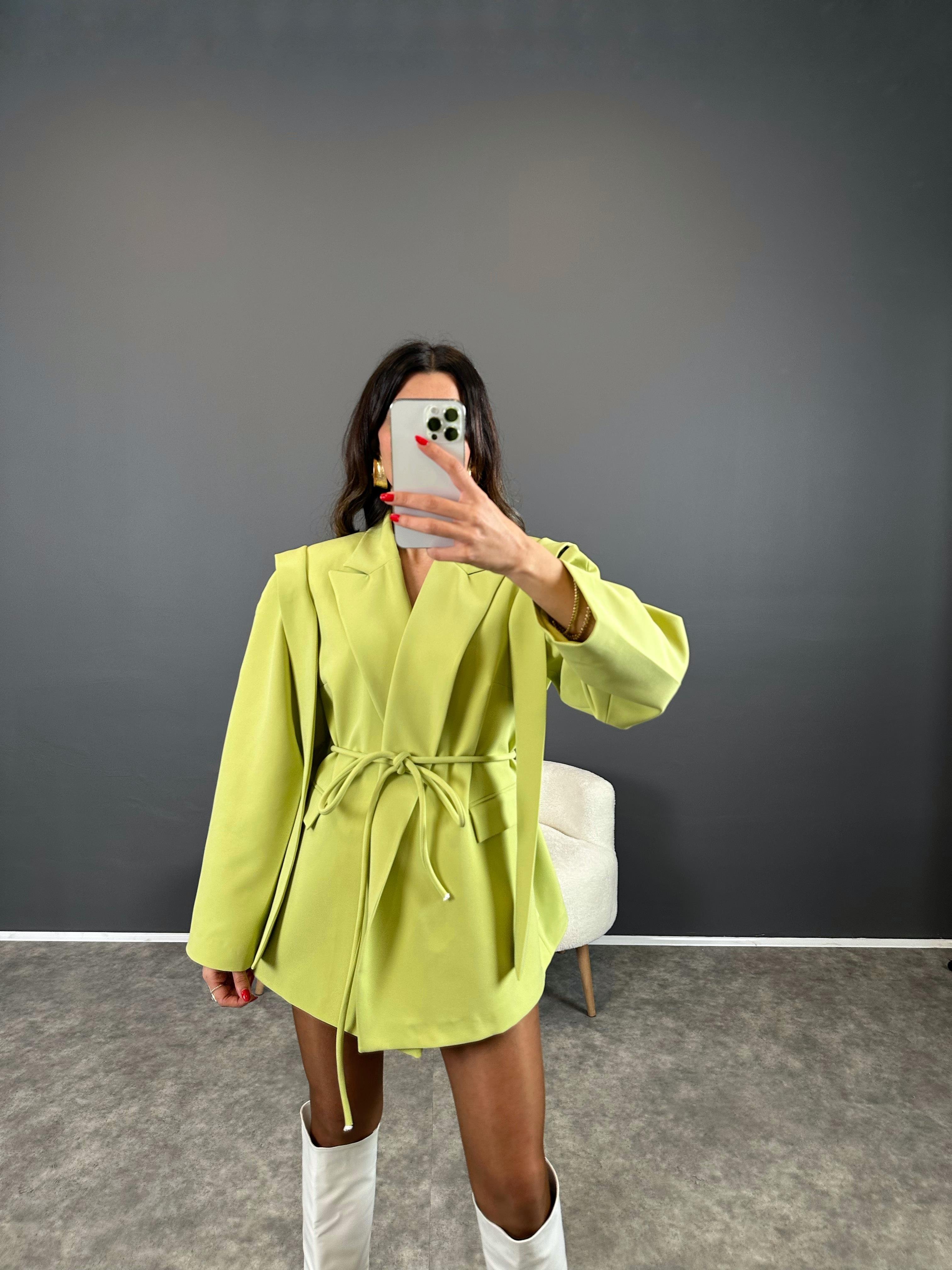 Marisol Premium Yeşil Bağlamalı Astarlı Blazer Ceket