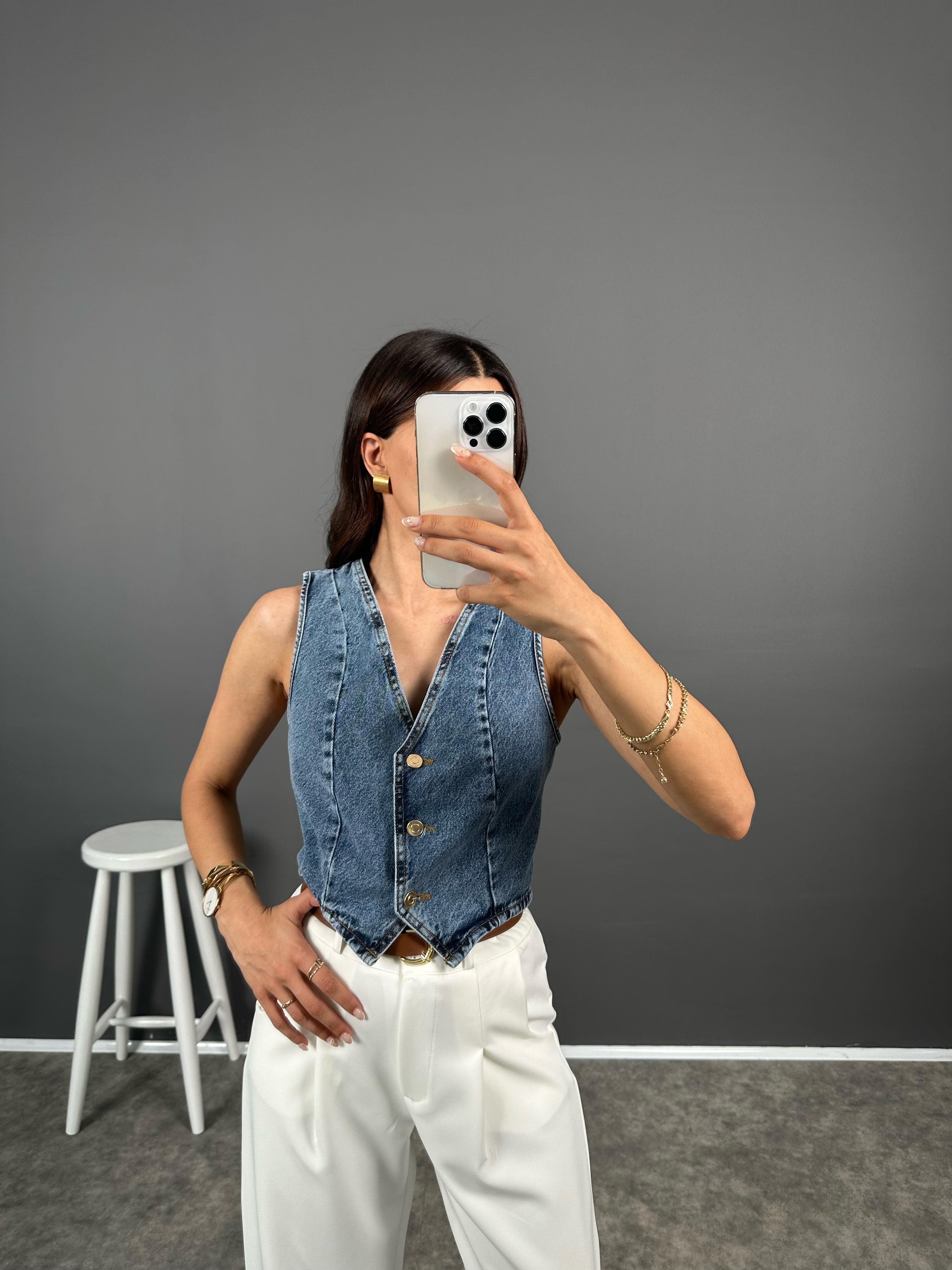 Minda Denim V Yaka Crop Yelek GausYELEKGU008338