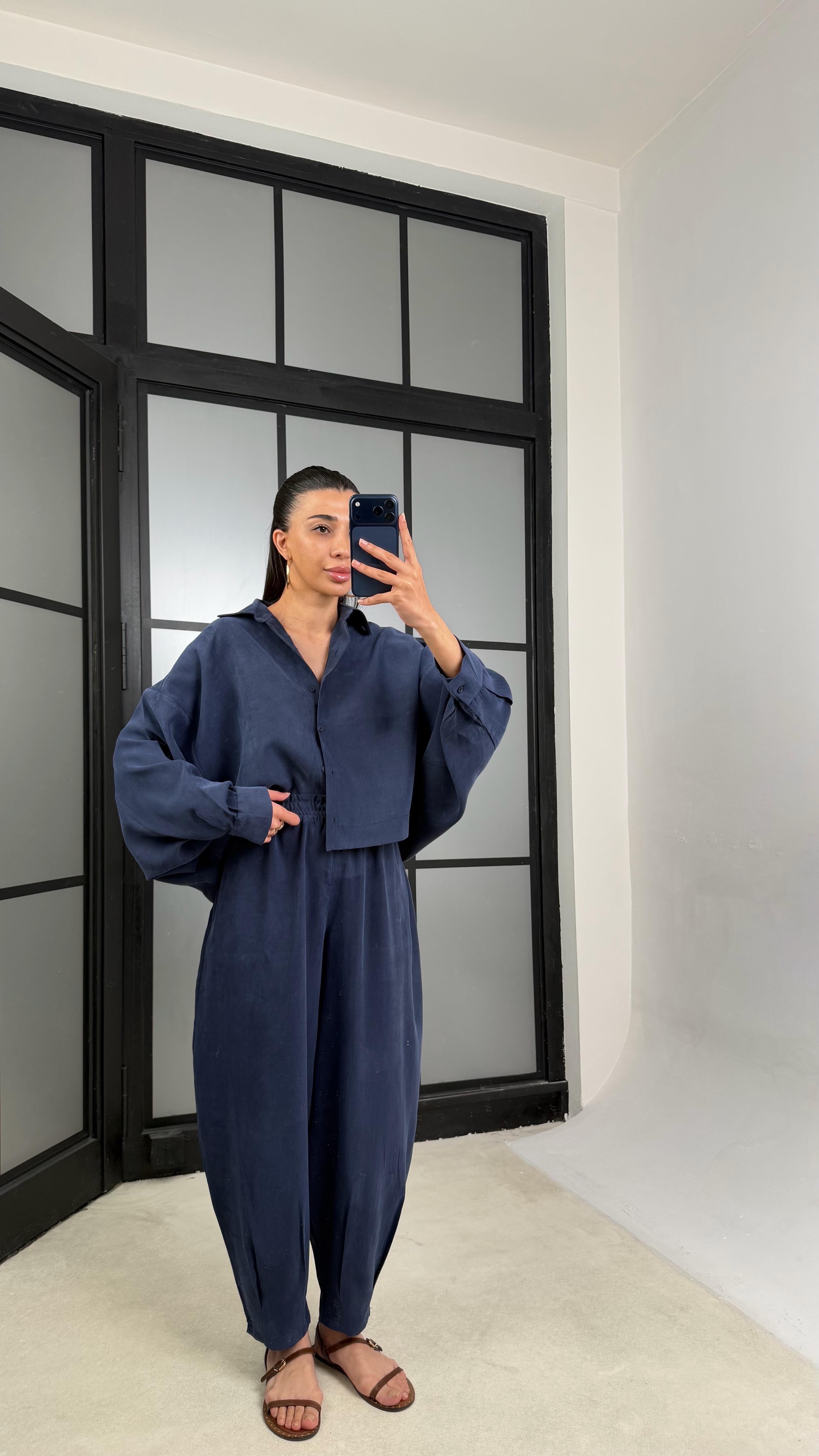 Lacivert MD Muadil Gömlek Beli Lastikli Şalvar Pantolon Tencel Takım GAUS-01500GAUSTAKIMGAUS-01500
