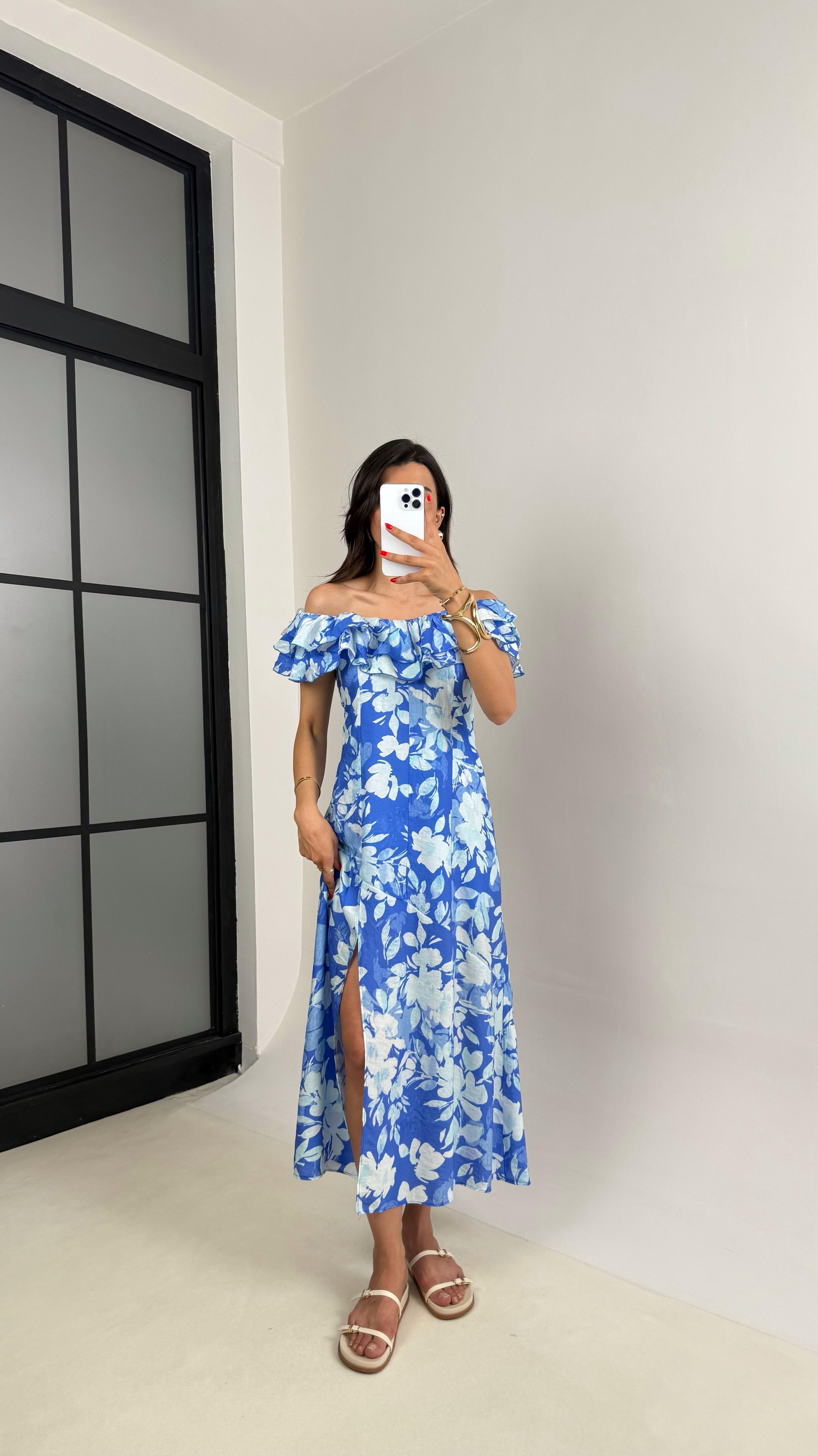 Mavi Çiçek Desenli Astarlı Dekolteli Elbise Gaus00517GausELBİSEGU1002213