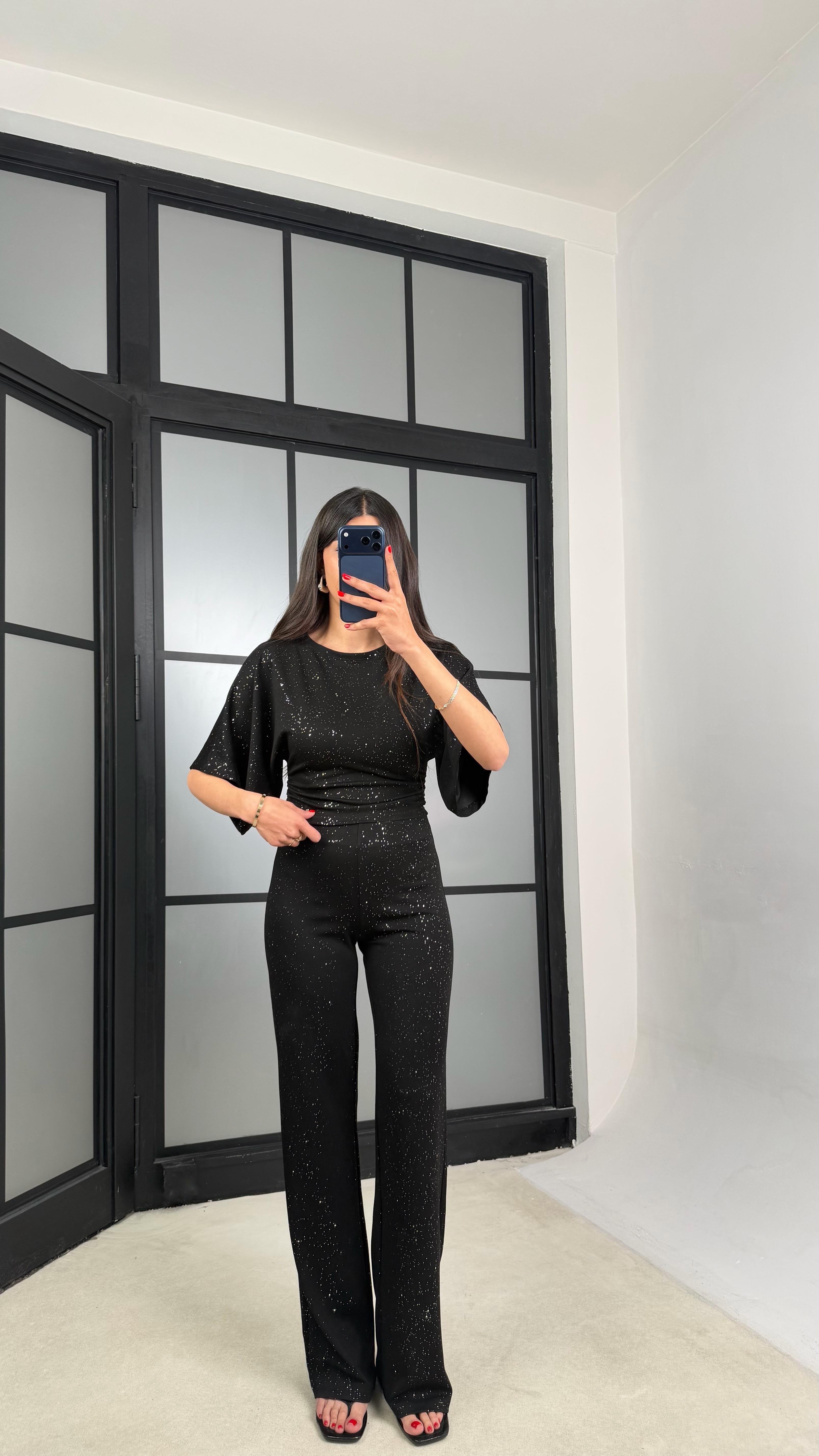 Siyah Simli Bluz Beli Lastikli Pantolon İkili Takım GAUS-01554GAUSTAKIMGAUS-01554