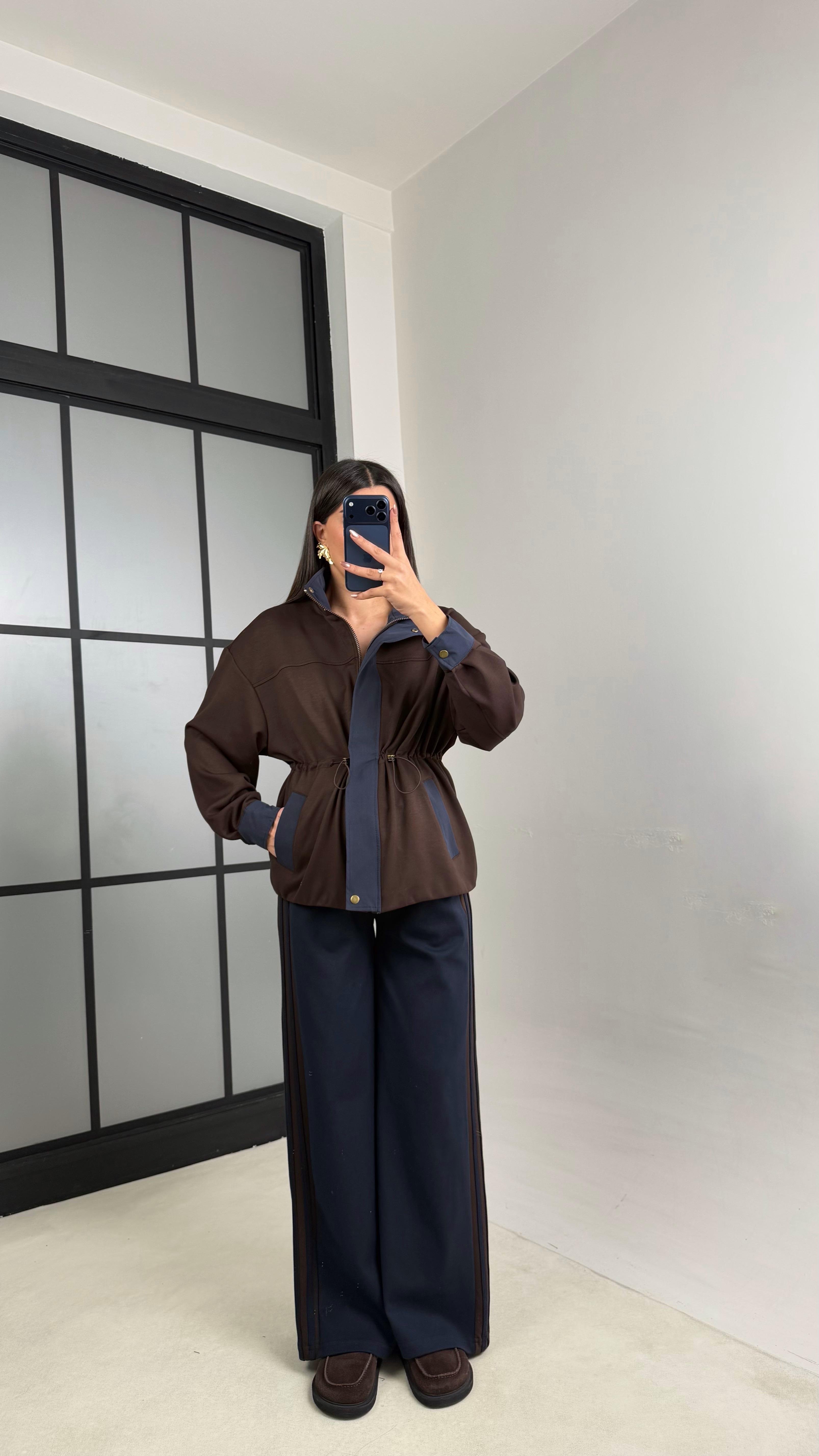 Lacivert Beli Lastikli Ceket Pantolon Paraşüt Kumaş Detaylı Modal Takım GAUS-01076GAUSTAKIMGAUS-01076