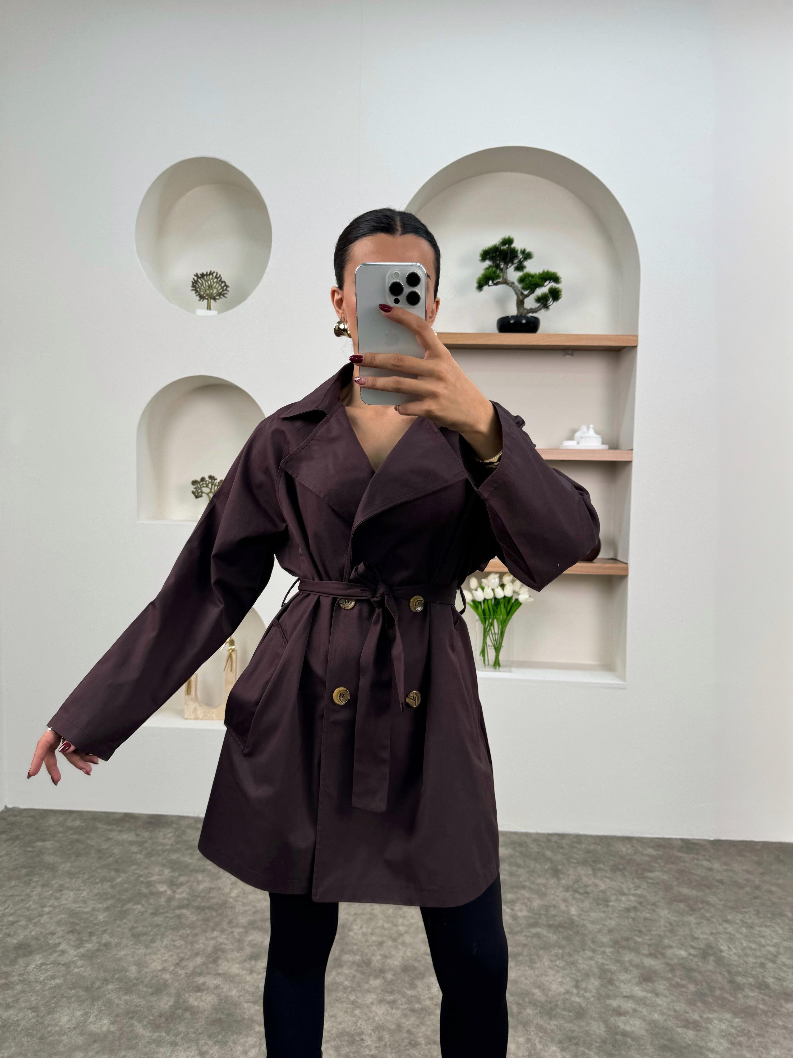 Anabel Acı Kahve Kemerli Orta Boy Astarsız Trençkot