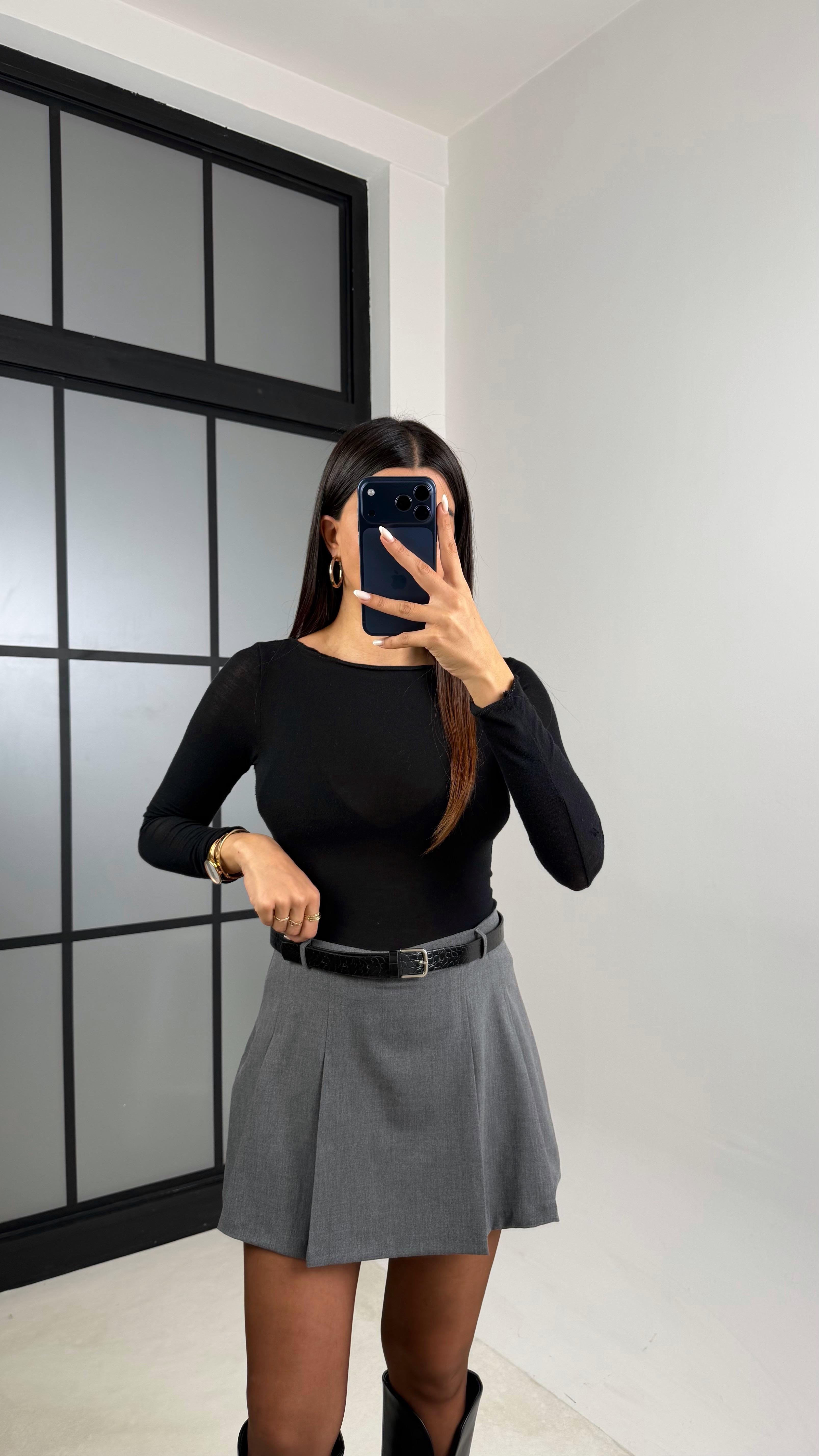 Antrasit Pileli Şort Etek GAUS-00567GAUSETEKGAUS-00567