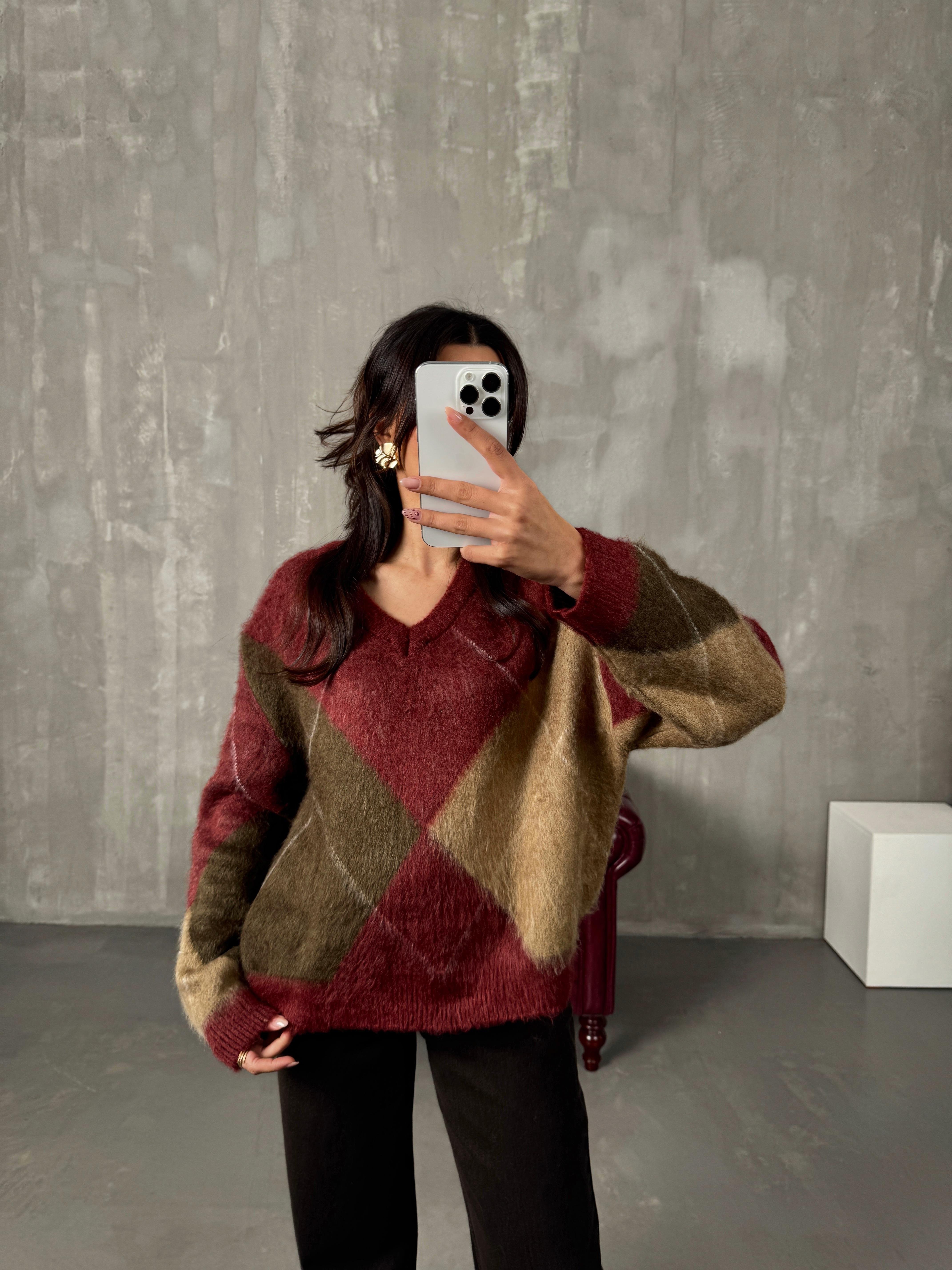 Beji Bordo Kahve Sakallı Baklava Desenli V Kazak